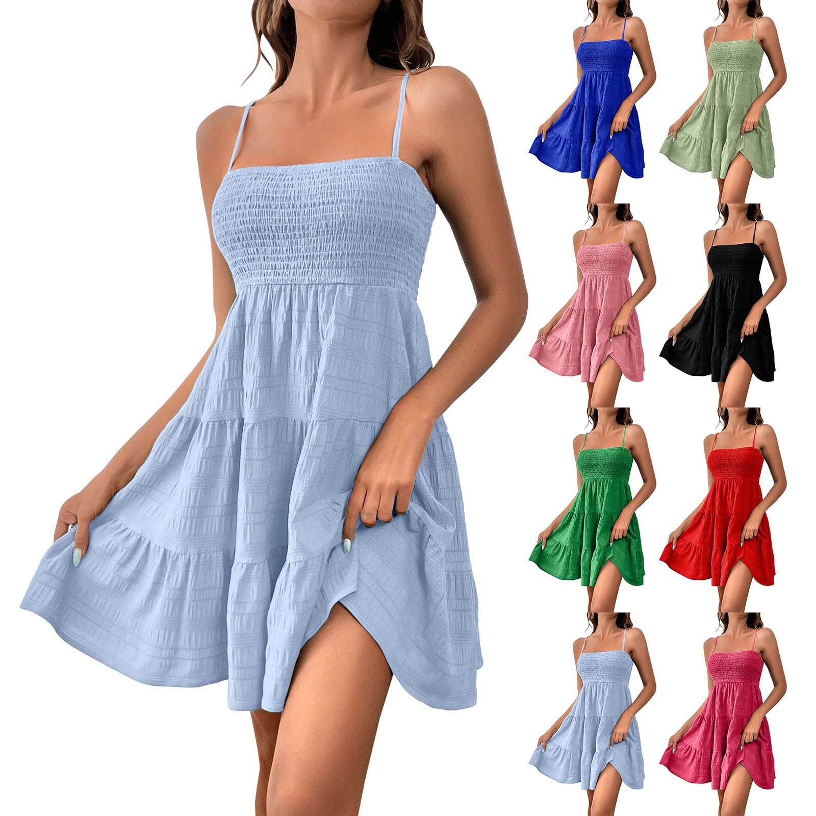 Women's Sundress 2024 - Casual Plus Size Beach Vacation Dress with Smocked Flowy Boho Design, Spaghetti Strap A-Line Mini Dress | Perfect for Summer, Pool Party, and Tropical Getaways