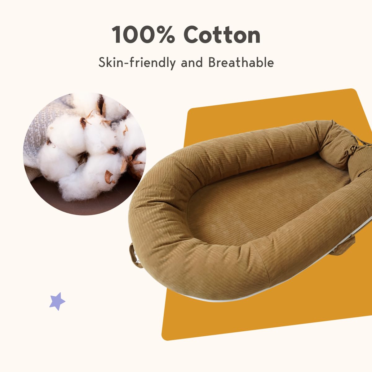 Premium Baby Lounger & Co-Sleeper - 100% Cotton Portable Infant Nest for Newborns 0-12 Months | Breathable & Safe Sleeping Bed for Boys & Girls | Perfect for Nursery, Travel & On-the-Go Parents (Golden Brown)