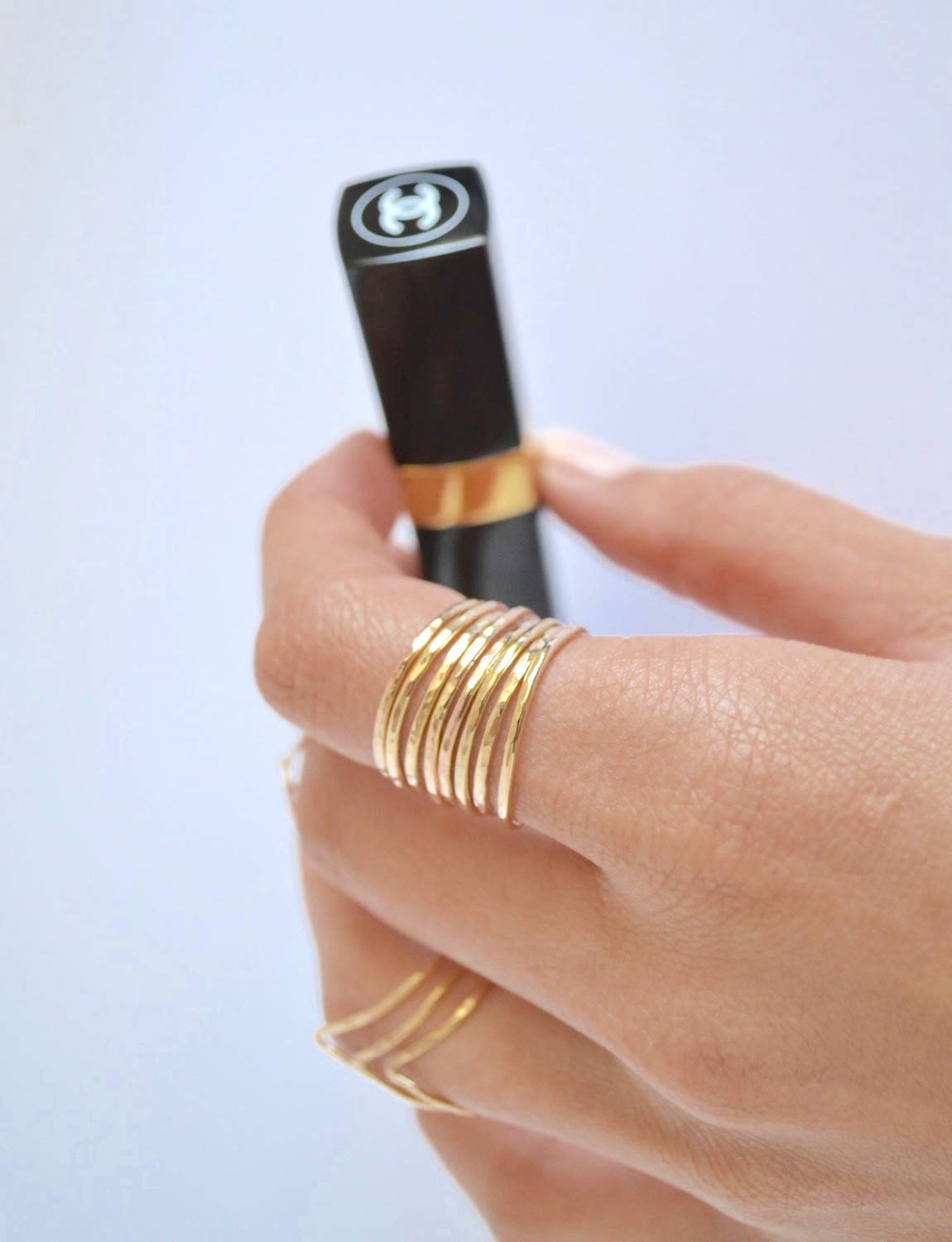 Hammered Gold Fill Stacking Rings for Women - Minimalist Thin Band Ring Set - Size 8 - Perfect for Layering, Everyday Wear & Gift Giving