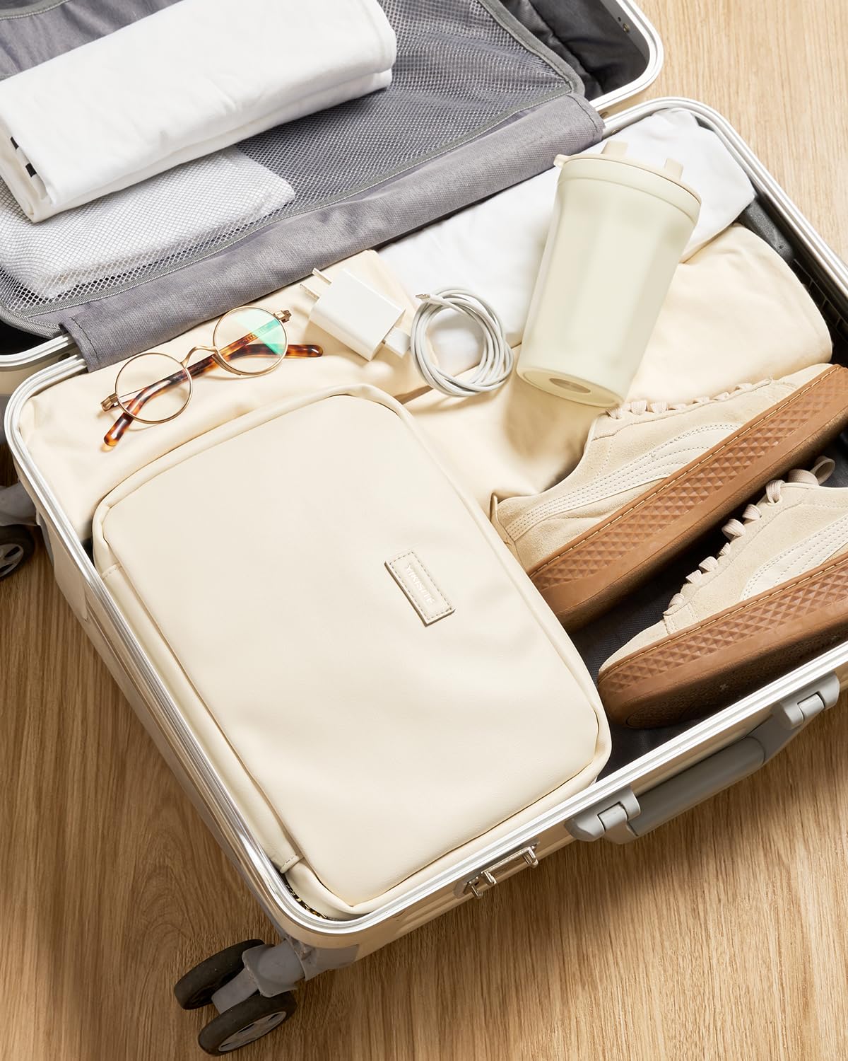 Waterproof Hanging Toiletry Bag for Travel - Medium Beige Cosmetic Organizer with Hook for Makeup, Toiletries & Full-size Bottles | Perfect for Airplane Carry-on, Camping & Gym Essentials