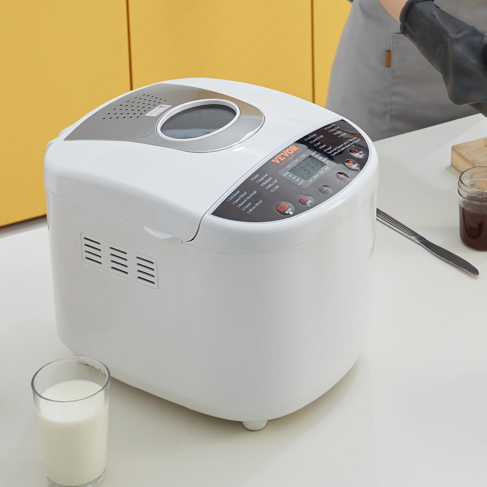 VEVOR 2LB Automatic Bread Maker Machine - 19-in-1 Programmable Dough Maker with Gluten-Free Setting, Nonstick Ceramic Pan, Whole Wheat & White Bread Options, 3 Loaf Sizes & Crust Colors - Perfect for Home Baking, Breakfast & Healthy Eating