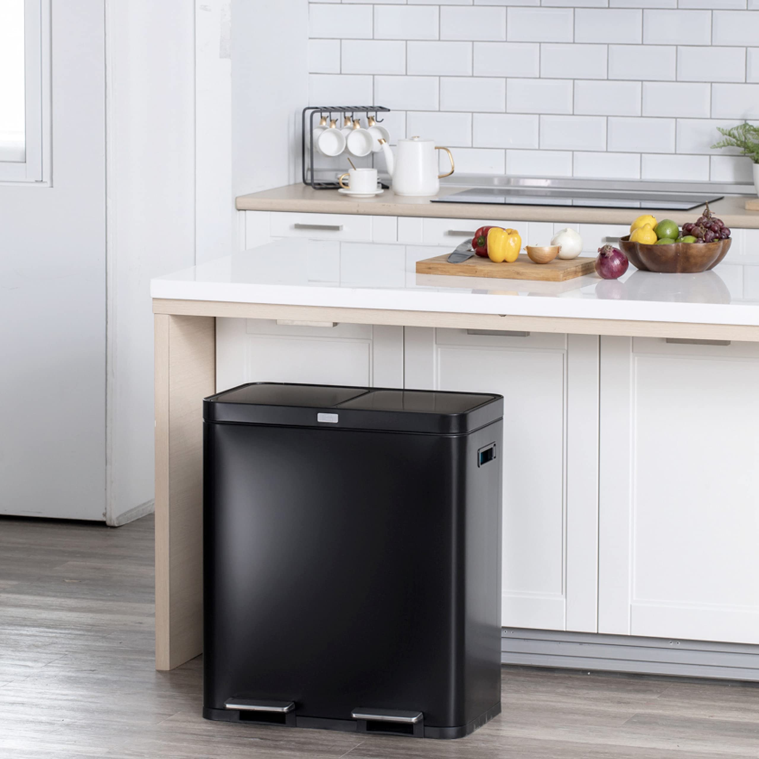 15.8 Gallon Stainless Steel Kitchen Trash Can with Odor Control - Dual Removable Liners for Recycling & Waste - Matte Black Home Trash Bin for Kitchen, Office & Bathroom - Home Zone Living CleanAura Series