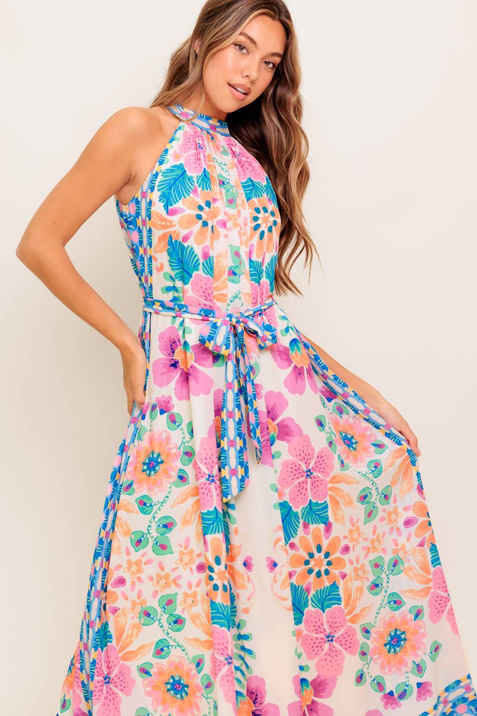 ELARA Floral Halter Maxi Dress for Women - Elegant Summer Beach Wedding Party Outfit - Perfect for Vacations, Date Nights & Special Occasions