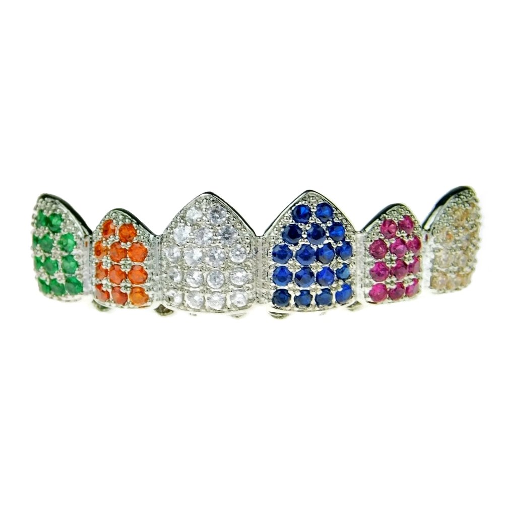Multi-Color Grillz Silver Tone Top CZ Bling Clown Color Cubic Zirconia Rainbow Upper Teeth Hip Hop Grills - Perfect for Hip Hop Performances, Music Videos, and Streetwear Fashion