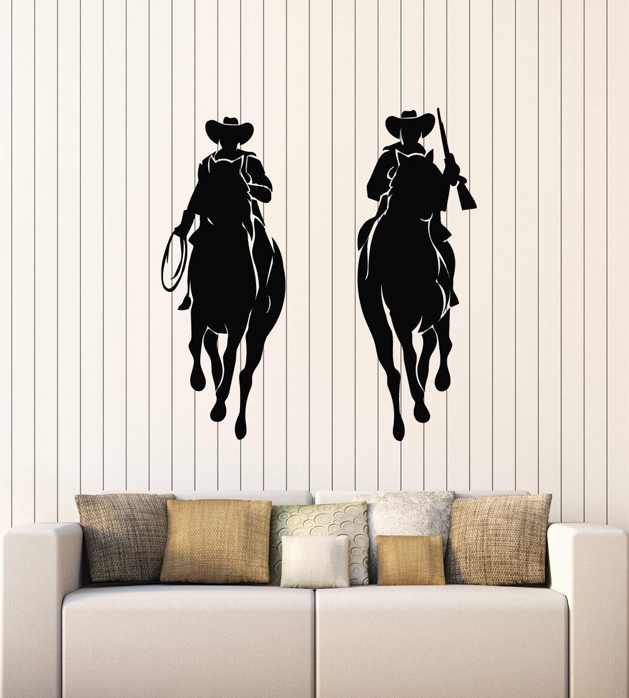 Western Cowboy Couple Vinyl Wall Decal - Horseback Riding with Lasso & Gun Design - Large Removable Sticker for Home & Office Decor - Perfect for Western Theme Bedroom, Bar, or Man Cave