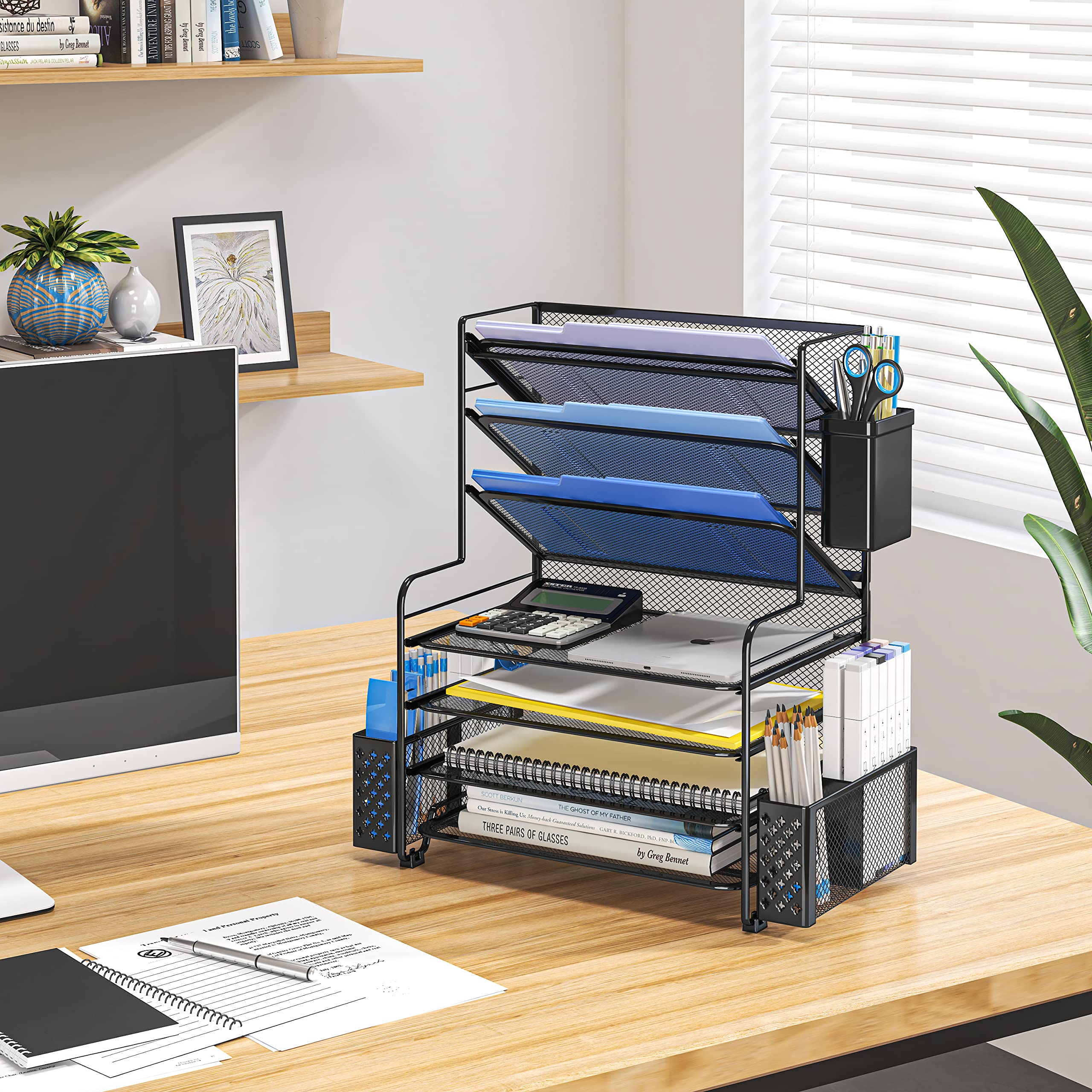 7 Tier Desk File Organizer with Pen Holder & Metal Hanging Basket - Black Letter Tray Paper Organizer for Office, Home, or School Workspace Organization