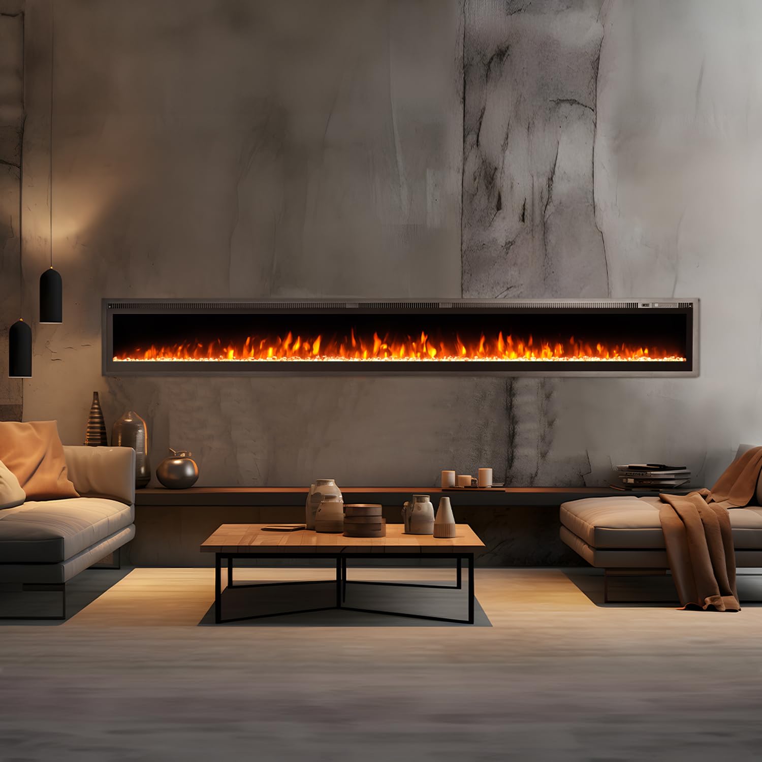 EROMMY 100 Inch Wall Mounted Electric Fireplace Insert with Timer & Remote Control - 12 Color Adjustable LED Flame, 750W/1500W - Perfect for Living Room, Bedroom & Office Heating