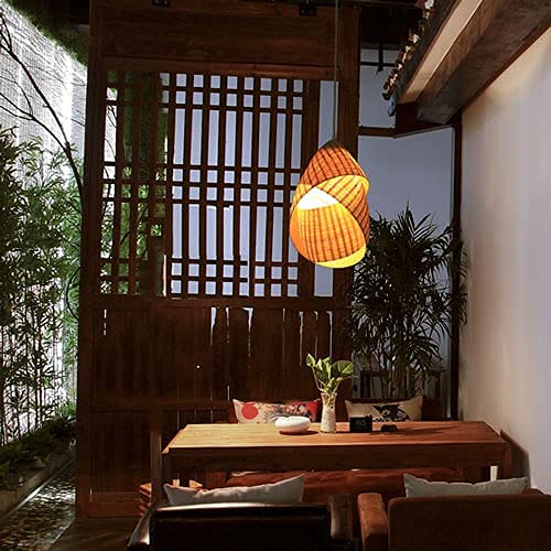 Japanese Bamboo Rattan Chandelier - Handwoven Wicker Pendant Light with E27 Socket for Kitchen Island, Bedroom, Dining Room & Living Room Ceiling Lighting | Natural Boho Decor for Farmhouse, Coastal & Modern Interiors