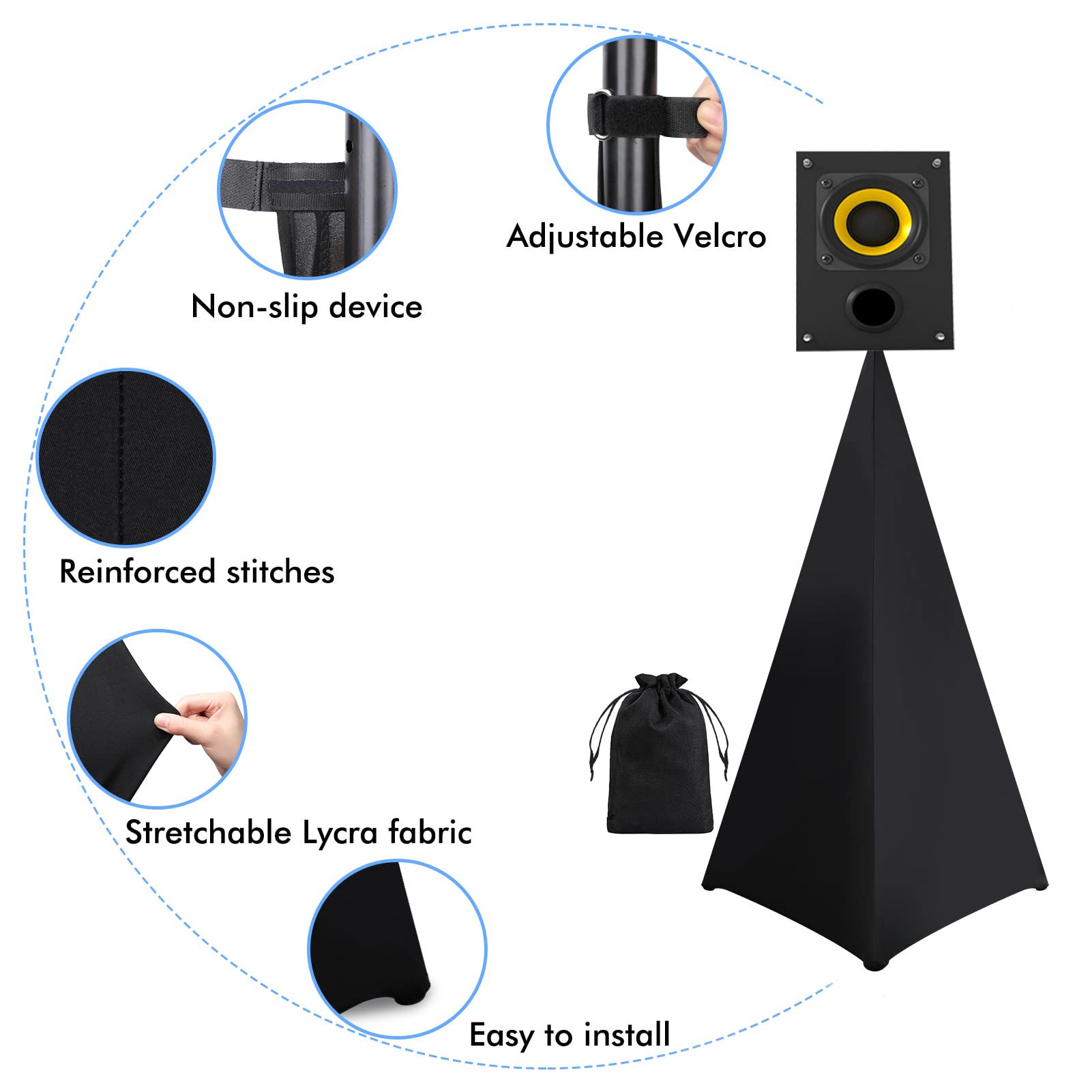 DJ Speaker Stand Cover - Universal 360° Adjustable Tripod Speaker Stand Scrim with Travel Bag (2 Pack, Black) - Perfect for DJ Gigs, Live Performances & Outdoor Events
