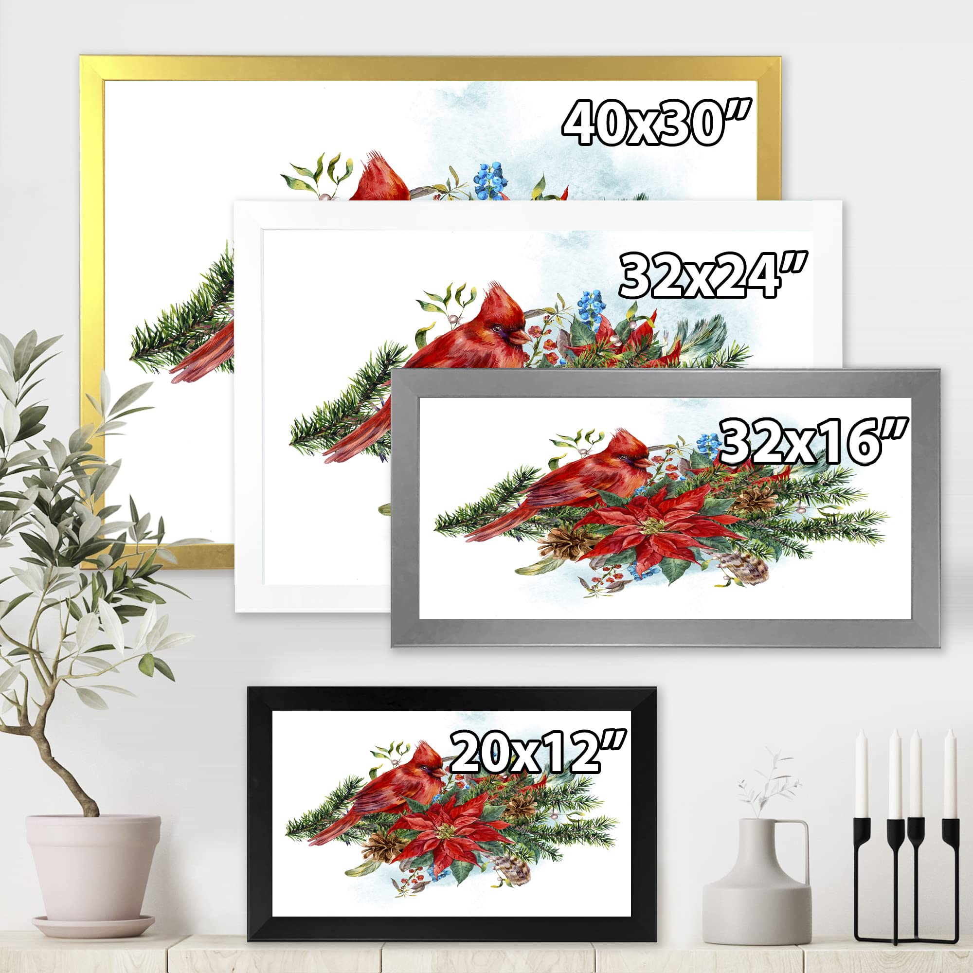 Christmas Poinsettia and Red Cardinal Bird Framed Wall Art - Traditional Holiday Home Decor for Living Room, Bedroom & Office