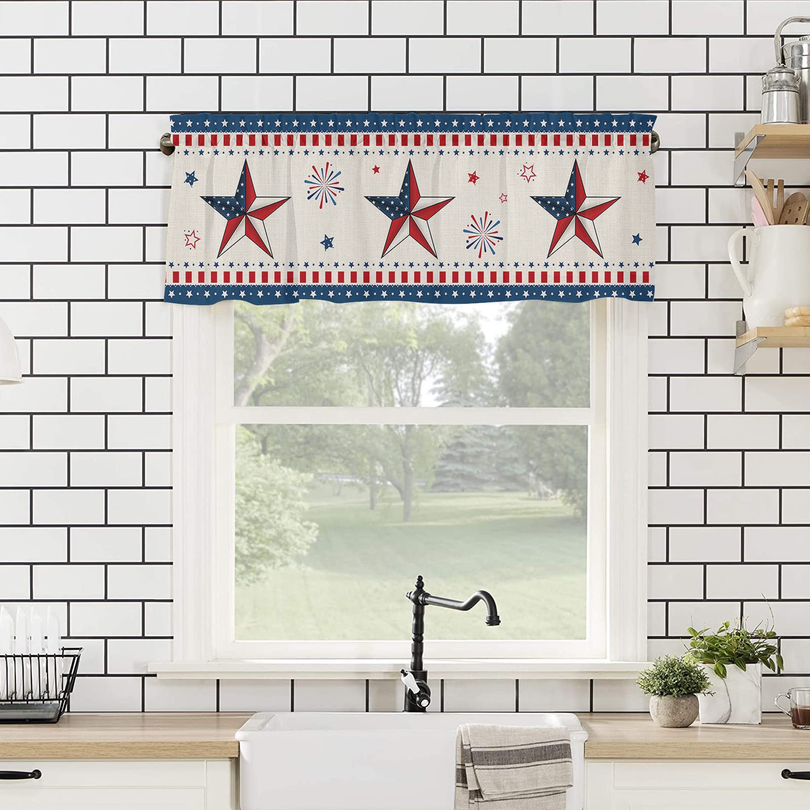 Red White and Blue Stars Window Valance Curtain - Patriotic American Flag Themed Blackout Rod Pocket Valance for Kitchen, Bedroom, Living Room - 54 x 18 Inches - Perfect for Independence Day, Memorial Day & 4th of July Decorations