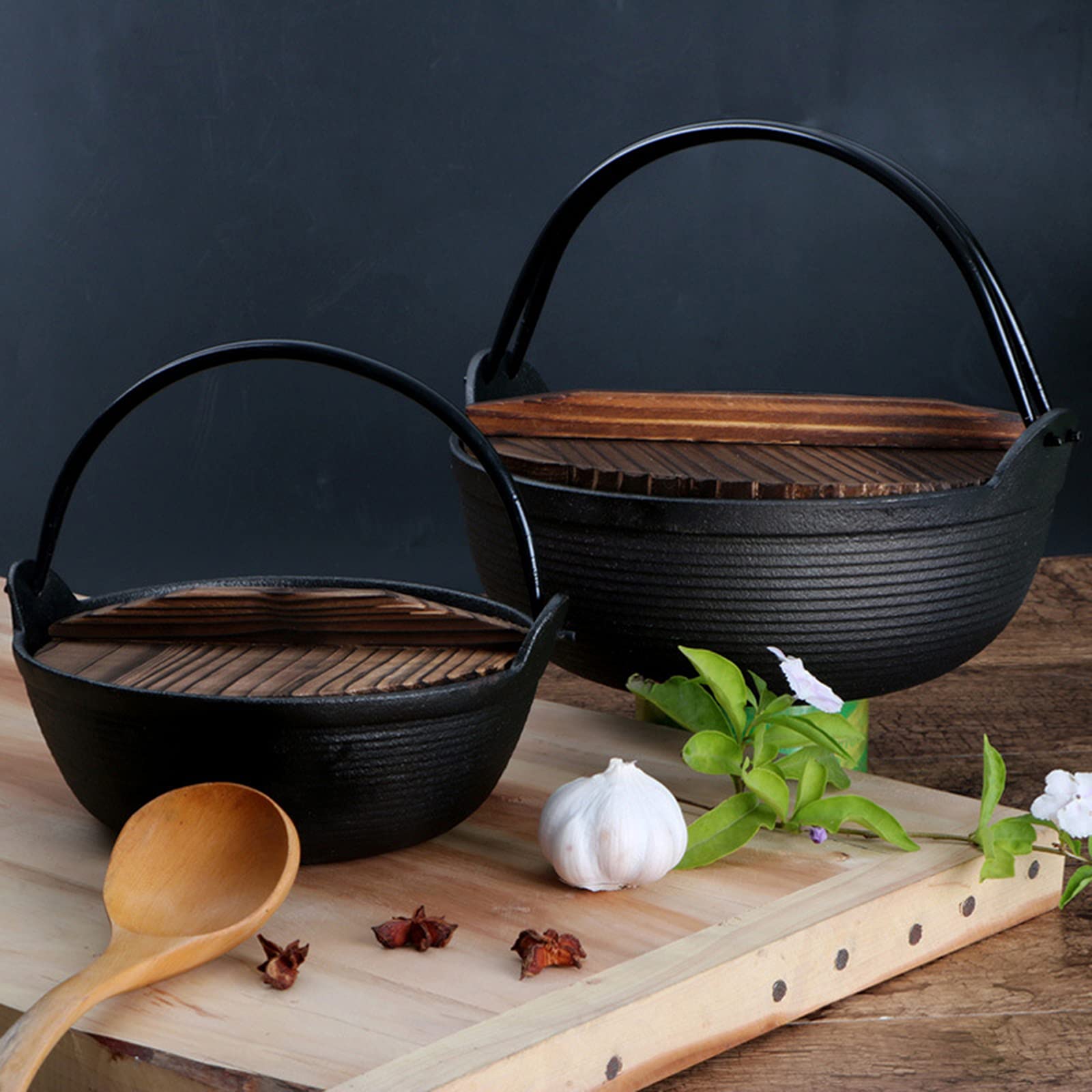 AIZYR Japanese Style Sukiyaki Cast Iron Nabe Pot with Wooden Lid - Traditional Tetsu Pot for Outdoor Camping, Hanging Stove Pan - Perfect for Hot Pot, Sukiyaki & Shabu-Shabu at Home or Picnics