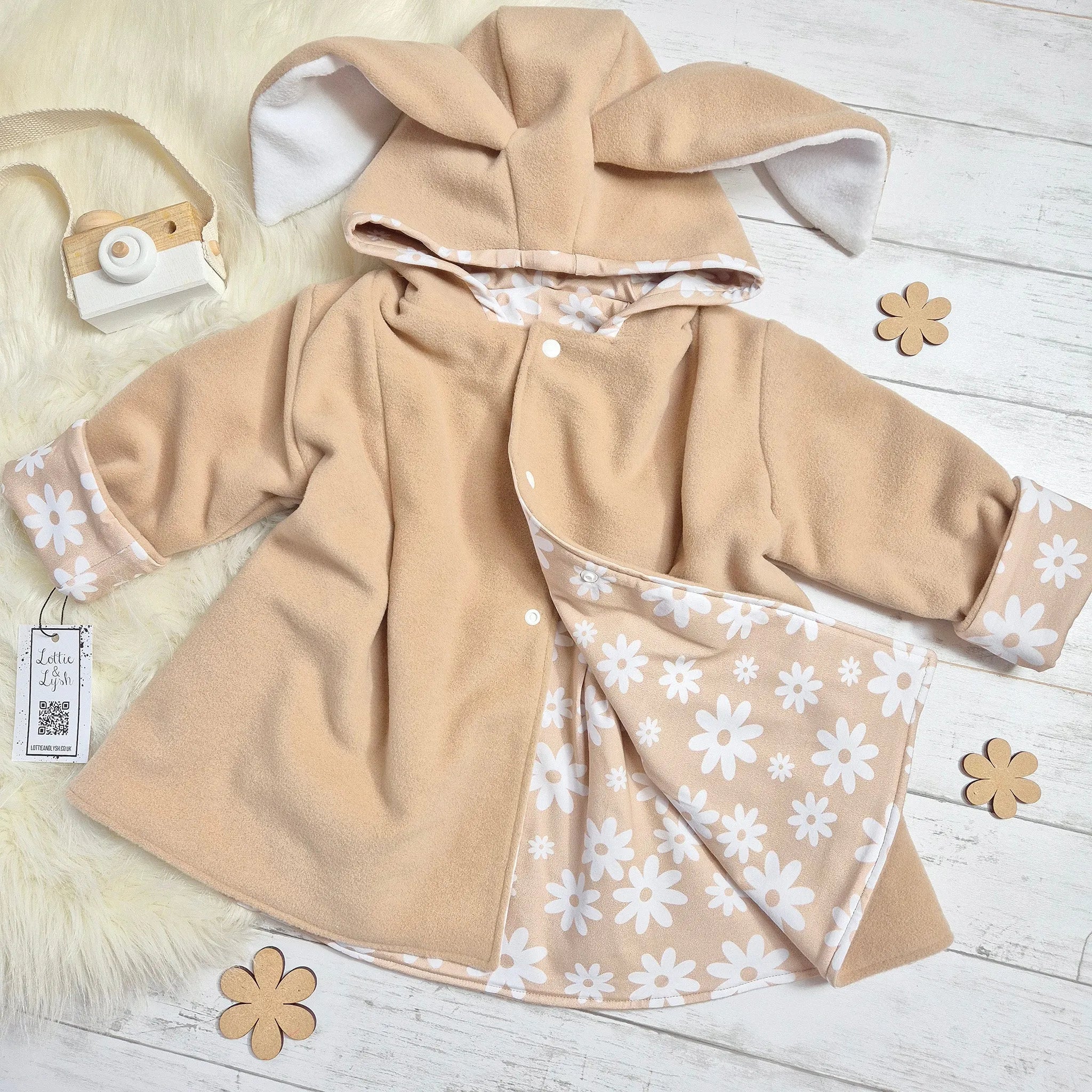 Girls Bunny Jacket - Soft Beige Wool Coat with Floral Embroidery | Cute Spring Outerwear for Toddler & Kids Fashion | Perfect for Easter, Birthday Parties & Outdoor Adventures
