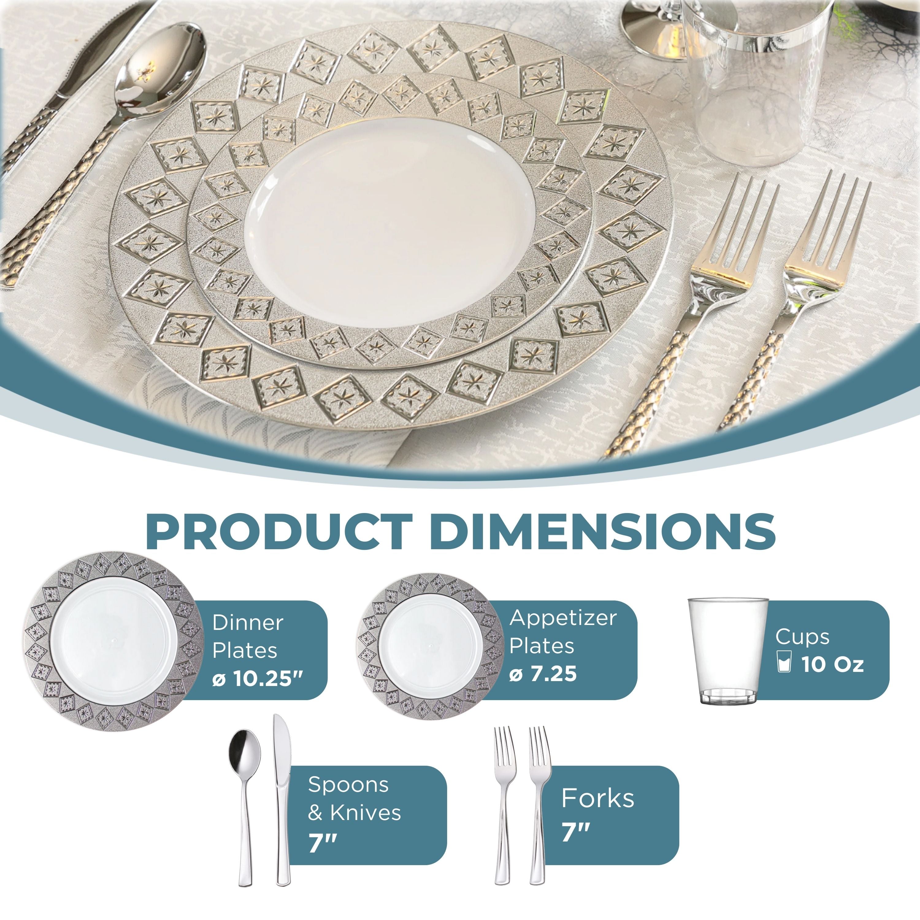 White and Silver Plastic Party Bundle - Elegant Disposable Tableware Set for Birthday, Wedding & Holiday Celebrations - Perfect for Imperial Themed Events