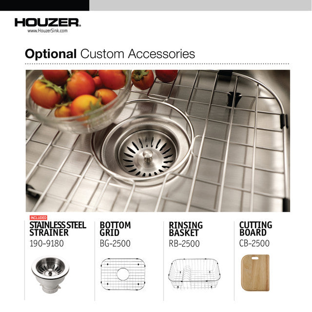 Houzer Elite Series 24-Inch Stainless Steel Undermount Single Bowl Kitchen Sink with Basket Strainer - Durable & Stylish for Modern Kitchens, Perfect for Meal Prep and Dishwashing