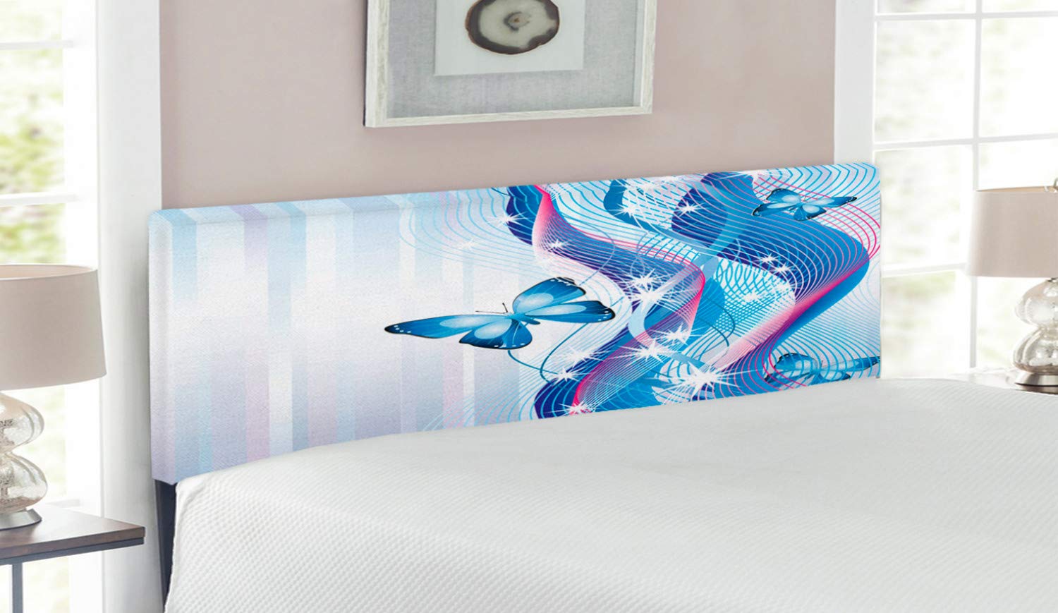 Ambesonne Navy and Blush Upholstered Headboard - Abstract Wave Stripes with Butterfly Design, Memory Foam Queen Size Bed Headboard in Blue, Pink & White - Perfect for Modern Bedrooms, Guest Rooms & Home Decor