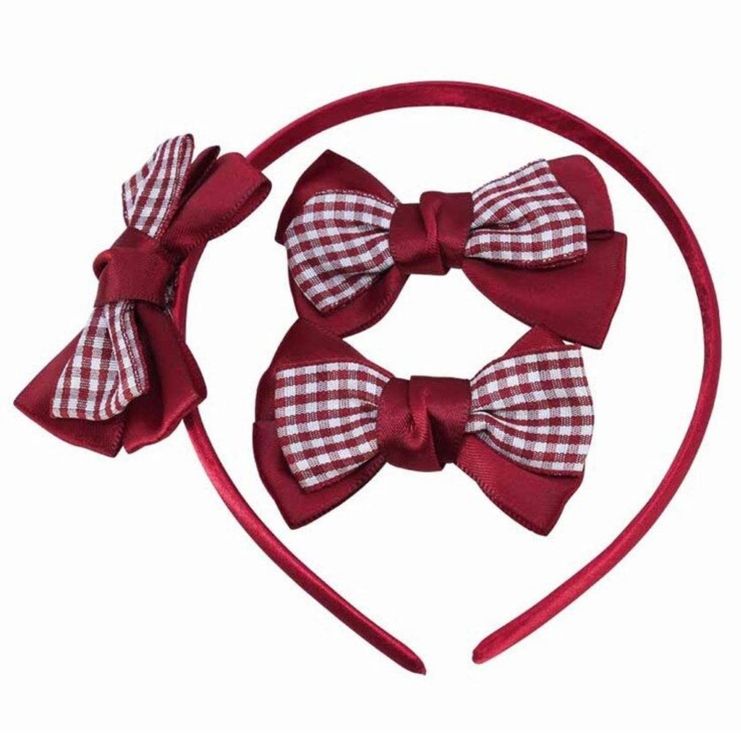 Topkids Girls Hair Bows Set - Burgundy Gingham Alice Headbands & Hair Clips for School Uniforms | Perfect for Women, Ladies & Girls | Ideal for School, Parties & Everyday Wear