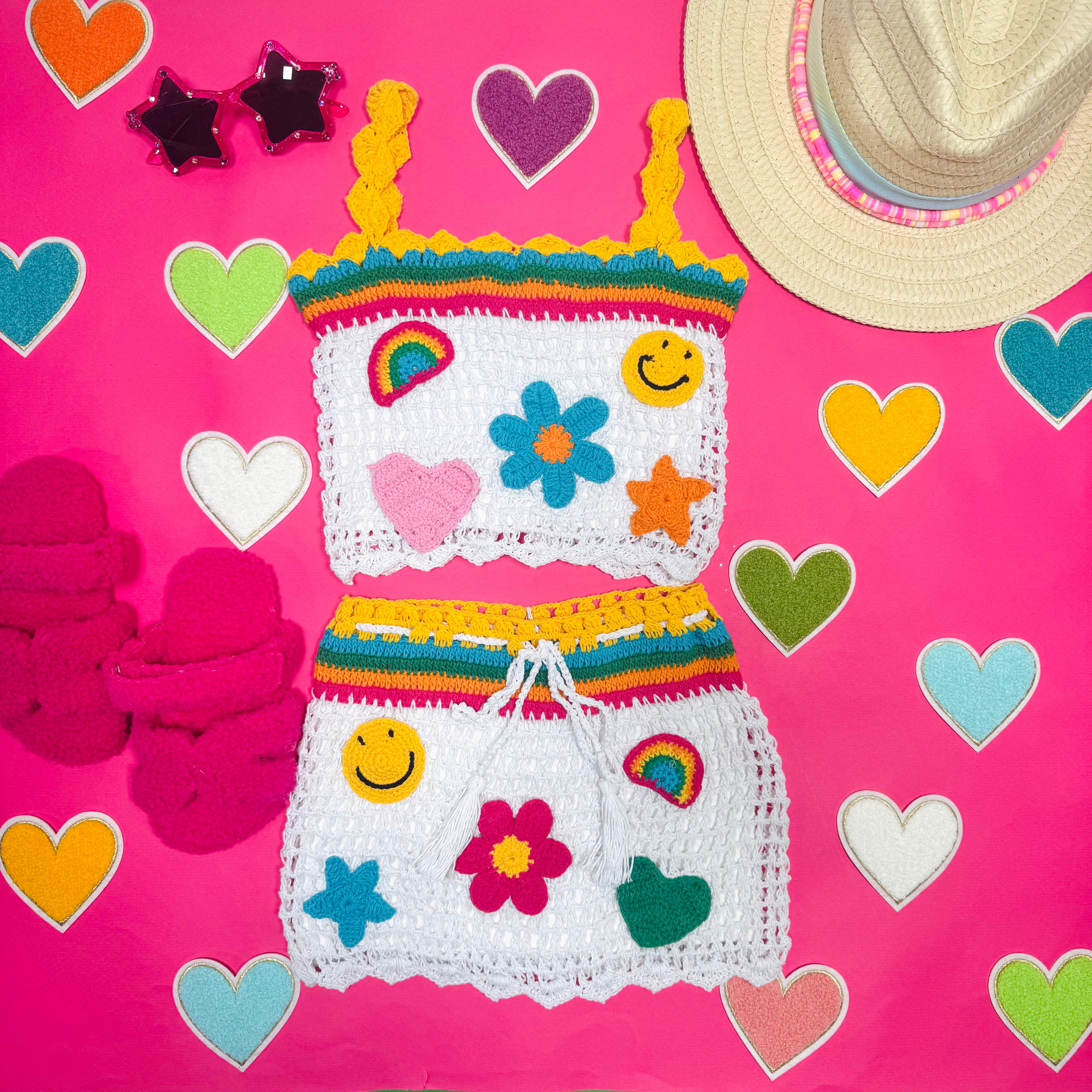 Crochet Icon Patches Top and Skirt Set - Boho Chic Outfit for Women | Summer Beachwear, Music Festivals & Casual Street Style