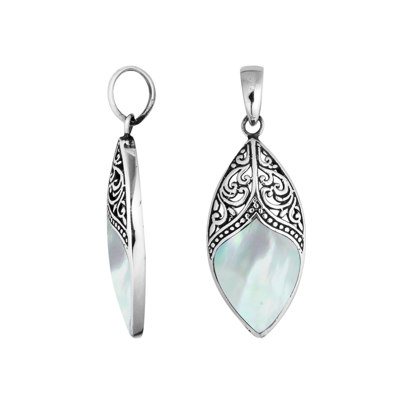 Bali Designs Sterling Silver Marquise Pendant Necklace with Mother of Pearl - AP-6195-MOP - Elegant Jewelry for Women, Perfect for Weddings & Special Occasions