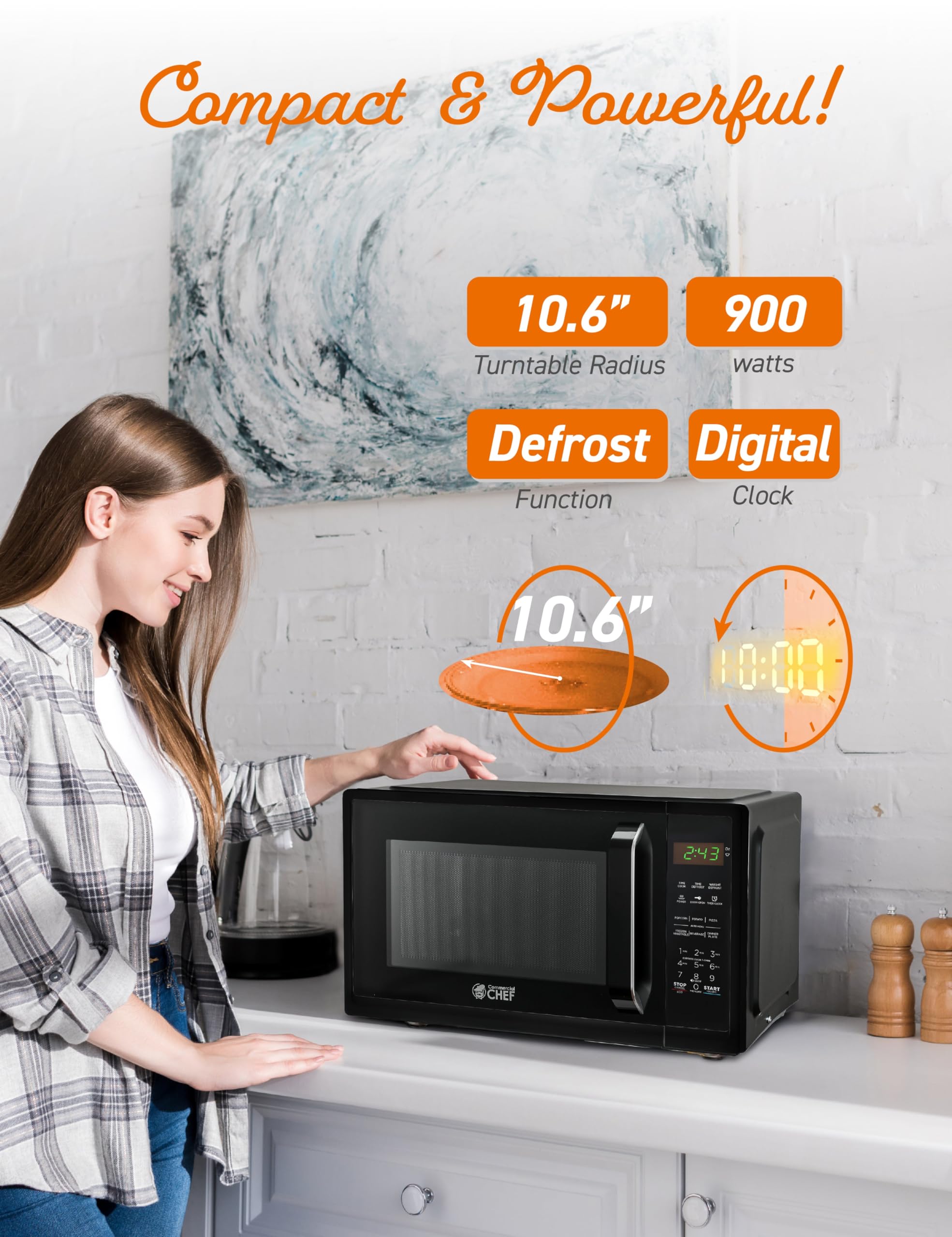 Commercial Chef 0.9 Cu Ft Compact Microwave Oven - 900W Countertop Microwave with 10 Power Levels, Digital Display, Safety Lock & Kitchen Timer - Perfect for Dorms, Offices & Small Kitchens - Black