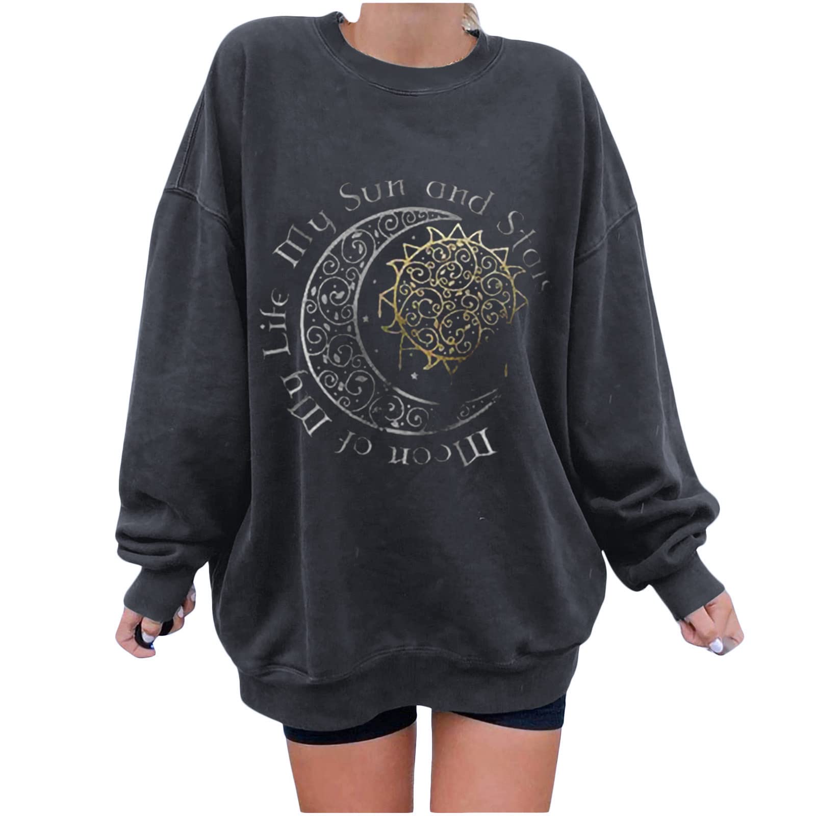 Vintage Y2K Graphic Sun and Moon Sweatshirt for Women - Long Sleeve Crewneck Pullover Top - Perfect for Casual Outfits, Streetwear Fashion & Retro Style