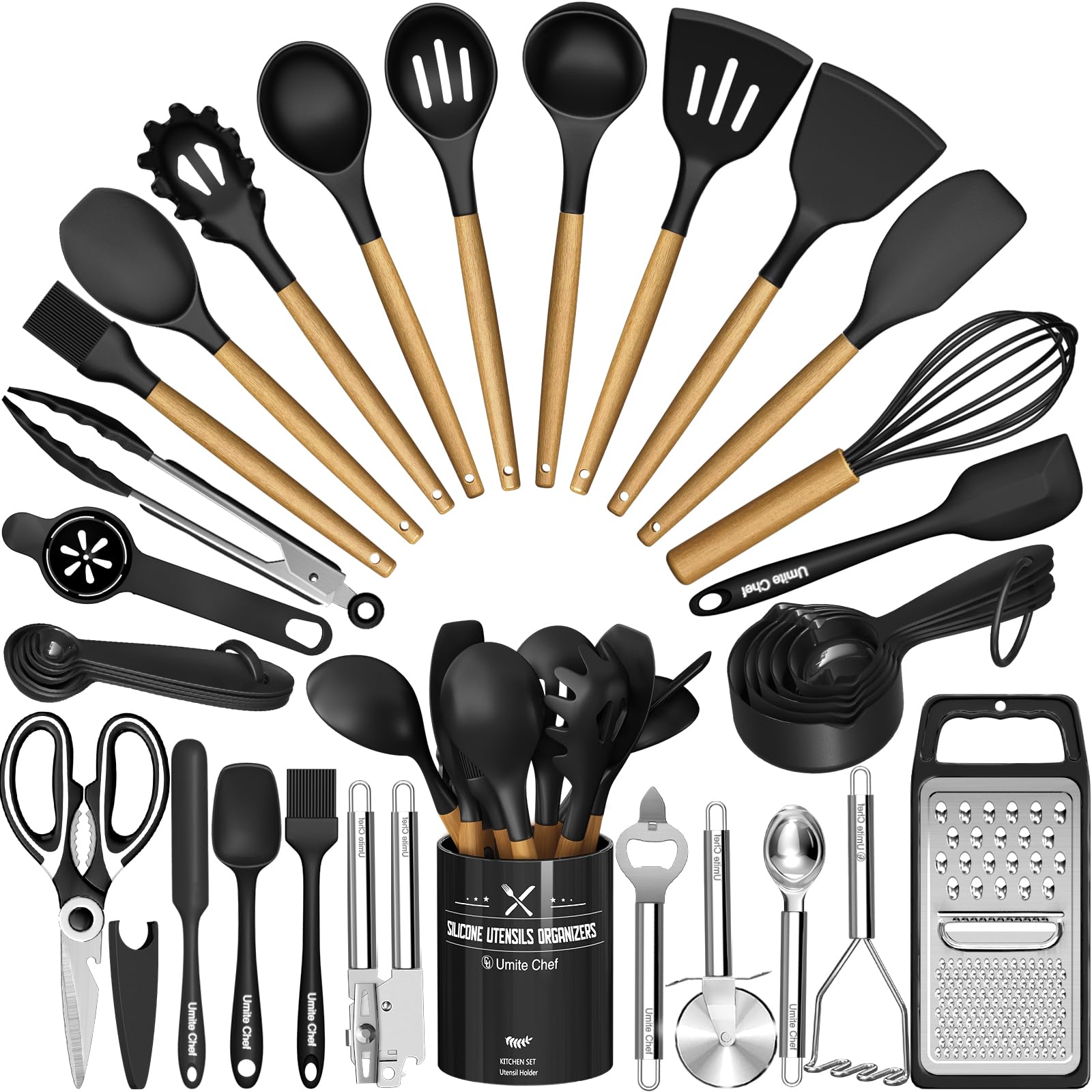 34-Piece Silicone Kitchen Utensil Set with Holder - Heat Resistant Cooking Tools for Nonstick Cookware, Black Wooden Handle Spatulas & Gadgets - Perfect for Baking, Frying & Everyday Cooking