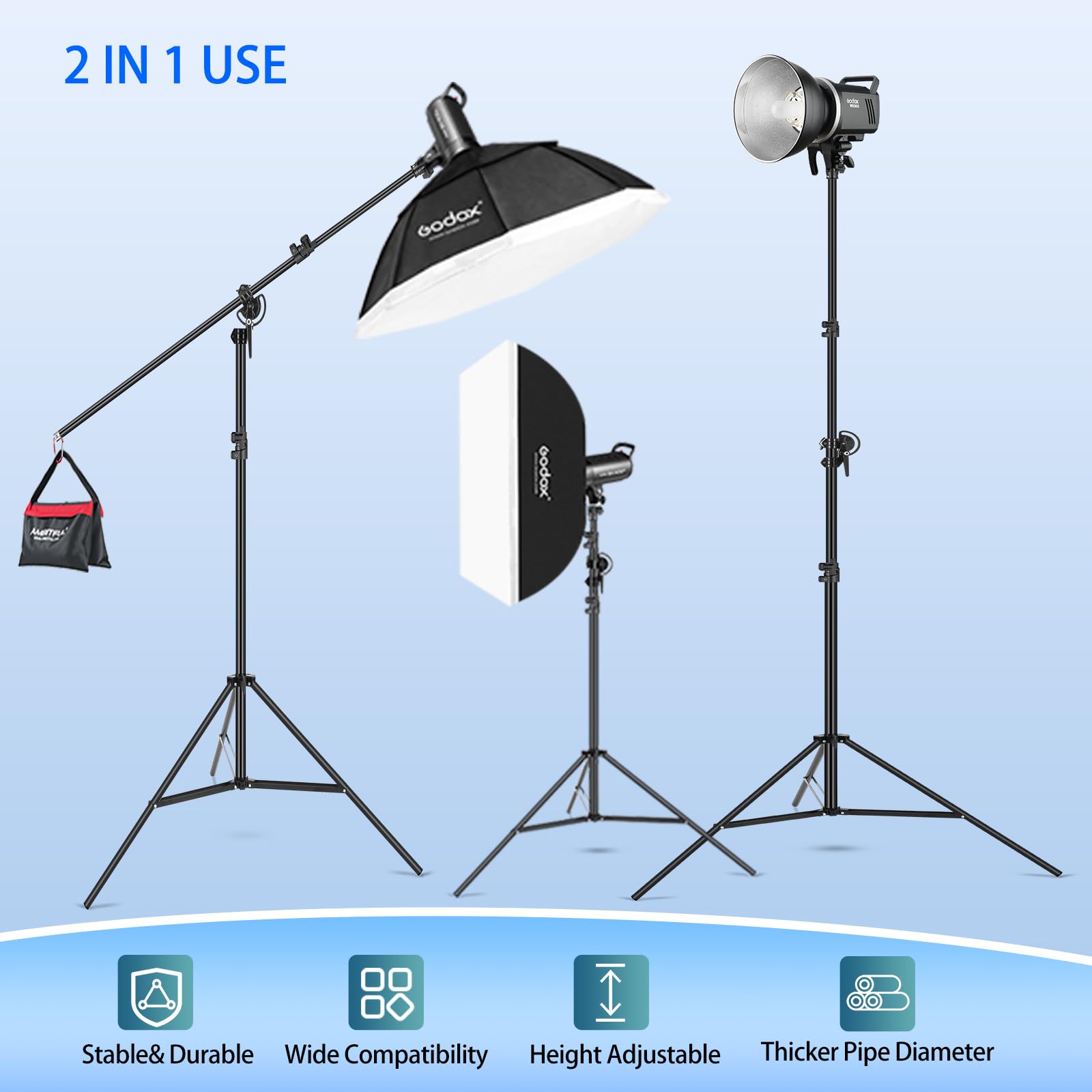 AMBITFUL 2-in-1 Photography Light Stand with Boom Arm - 10.4ft/3.2m Heavy Duty Adjustable Tripod Stand with 6ft/1.85m Holding Arm & Sandbag - Perfect for Studio Lighting, Monolights, Softboxes & Reflectors - Ideal for Portrait, Product & YouTube Photography
