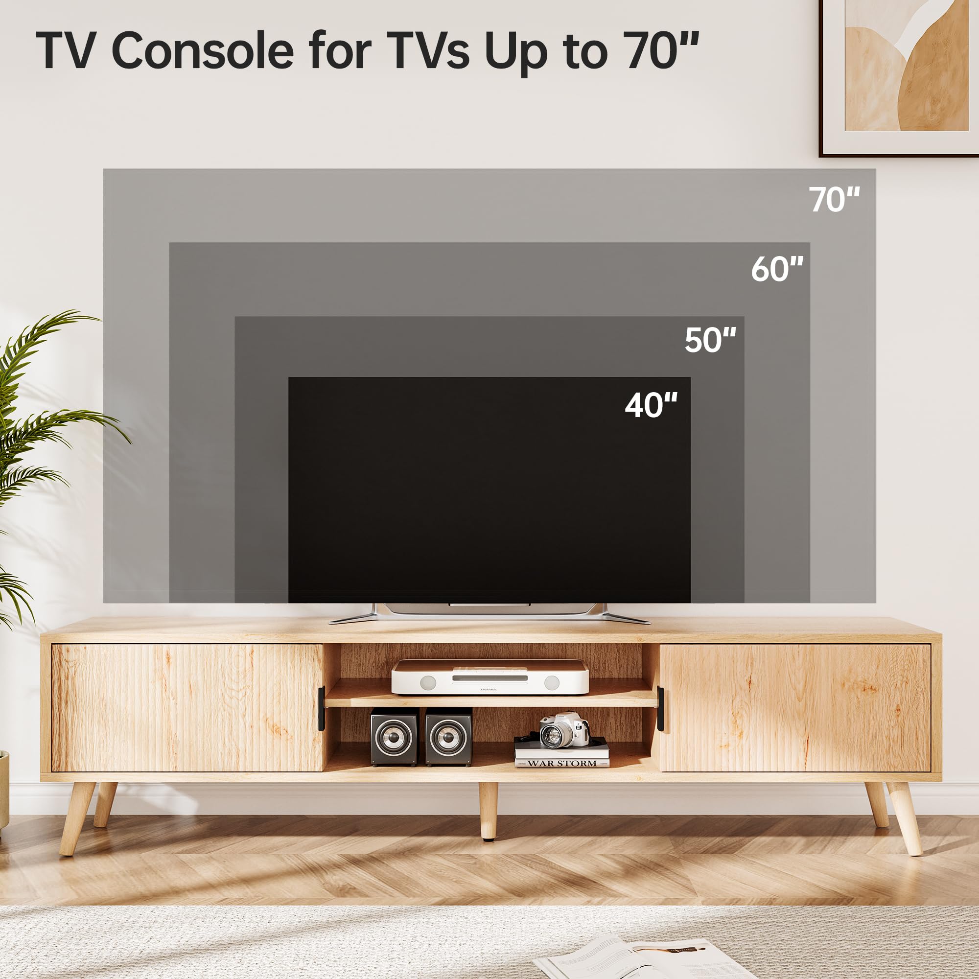Mid Century Modern TV Stand for 70 Inch TVs - 62 Inch Entertainment Center with Storage, Media Console in Natural Finish - Perfect for Living Room, Home Theater & Office