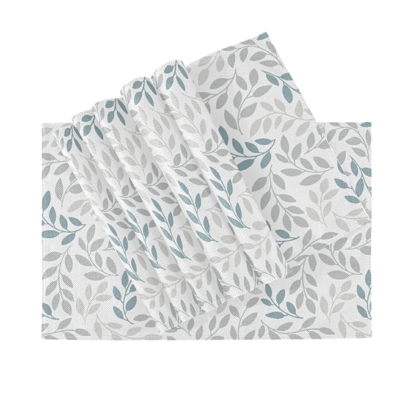 WIHVE 6-Pack Polyester Placemats for Dining Table - Grey & Blue Leaf Design - Waterproof Kitchen Table Mats for Everyday Use, Parties & Holiday Decor