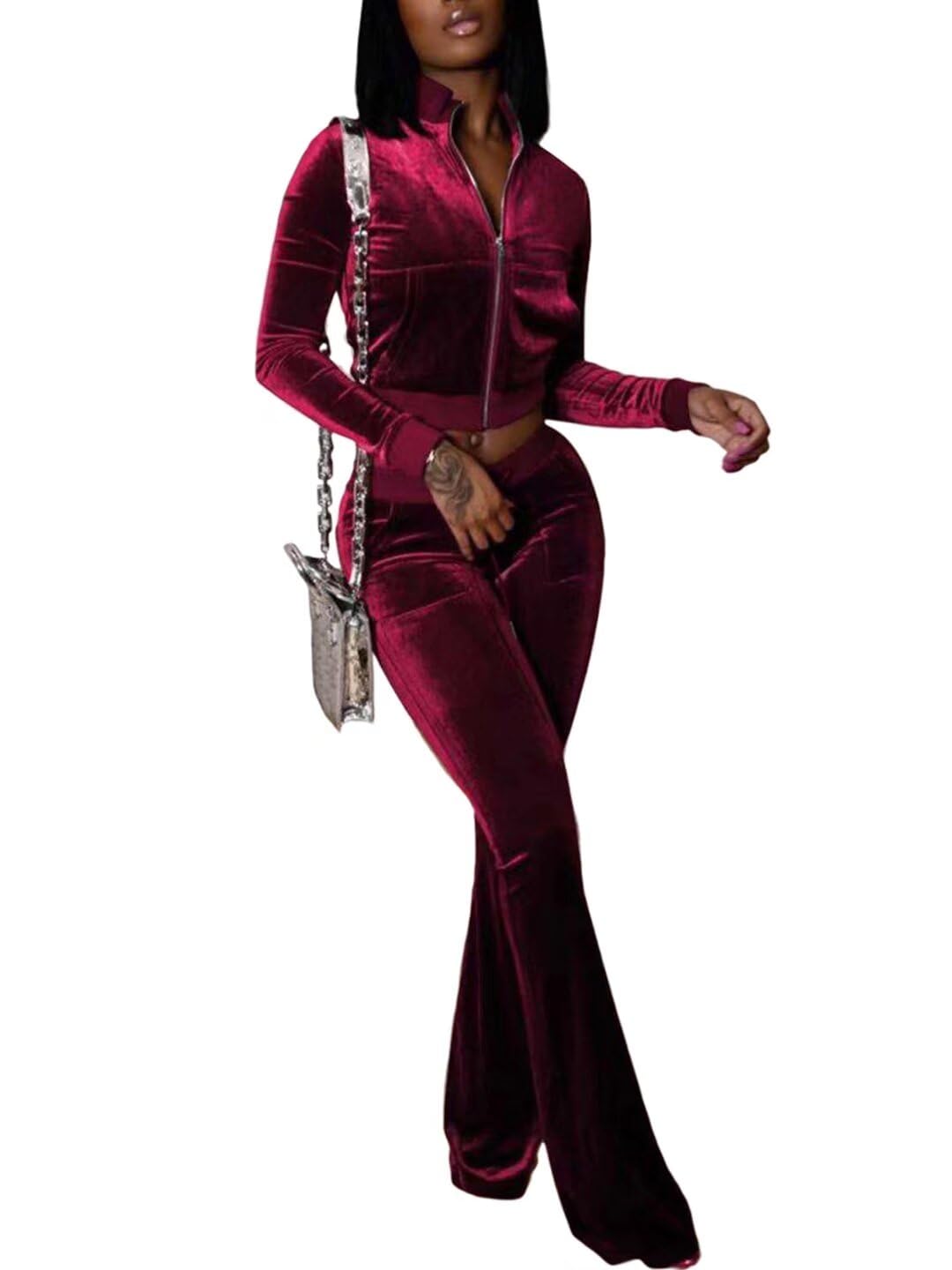 Women's 2-Piece Velour Tracksuit Set - Soft Crop Jacket & Flared Pants for Lounge, Gym, and Streetwear Fashion | Comfortable Outfit for Casual Wear, Workouts & Night Out