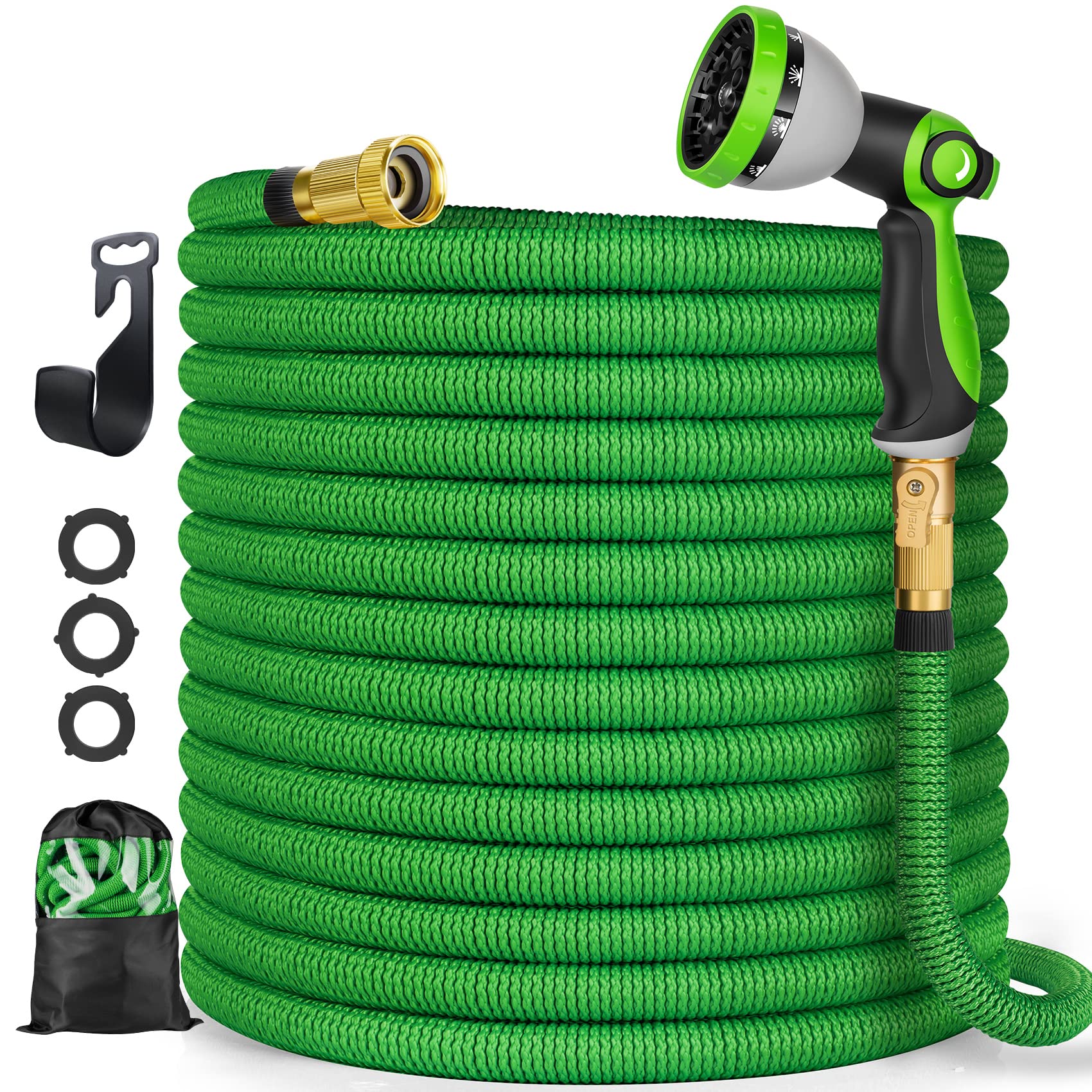VIENECI 100 ft Expandable Garden Hose with 10-Function Spray Nozzle, 3/4 Inch Solid Brass Fittings - Lightweight, No-Kink, Flexible Water Hose for Lawn, Garden, and Outdoor Cleaning