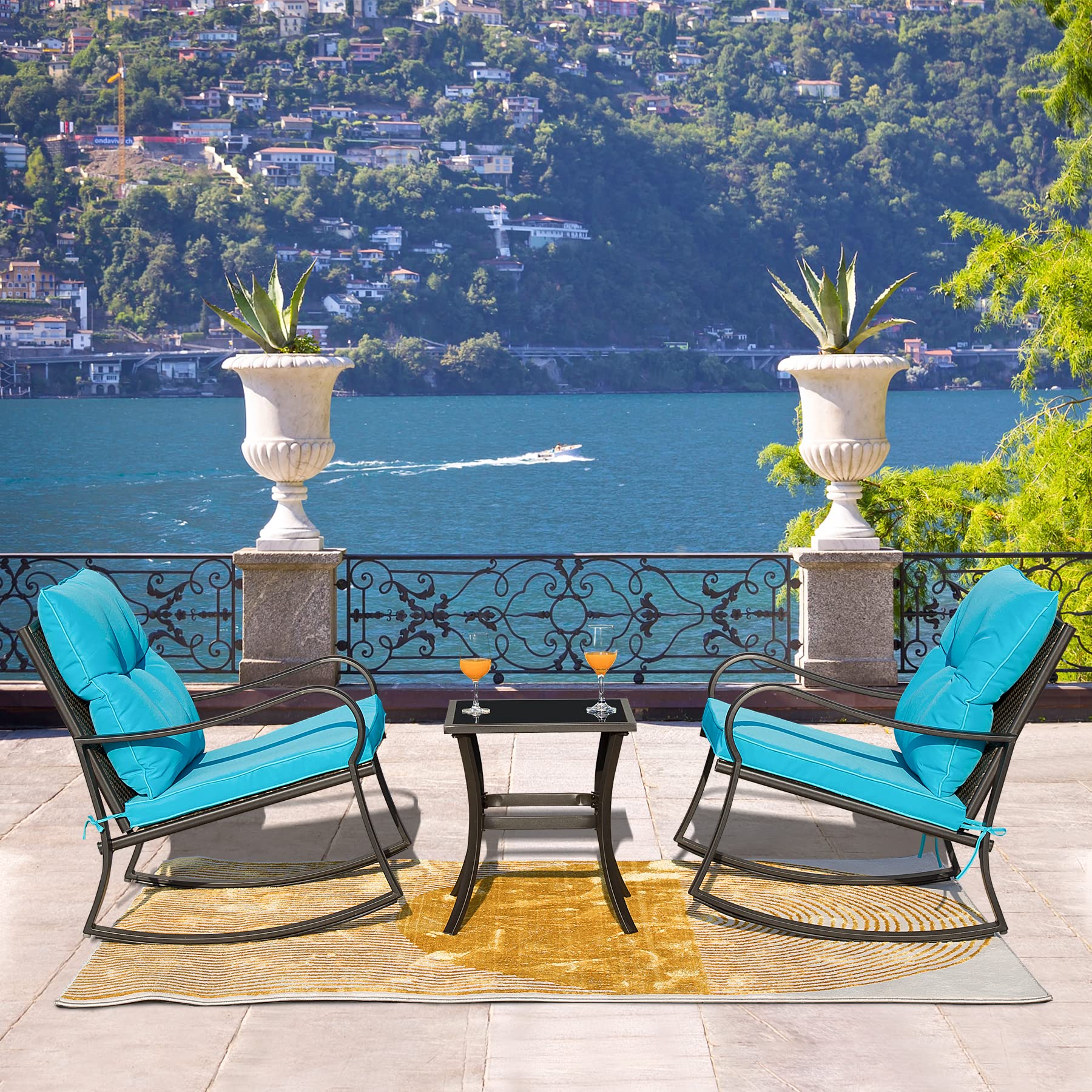Domi 3-Piece Patio Rocking Chair Set - Outdoor Bistro Conversation Chairs with Glass Coffee Table - Blue Iron Furniture for Porch, Balcony, Poolside & Lawn (Curved Armrest) - Perfect for Relaxing, Entertaining & Enjoying Outdoor Spaces