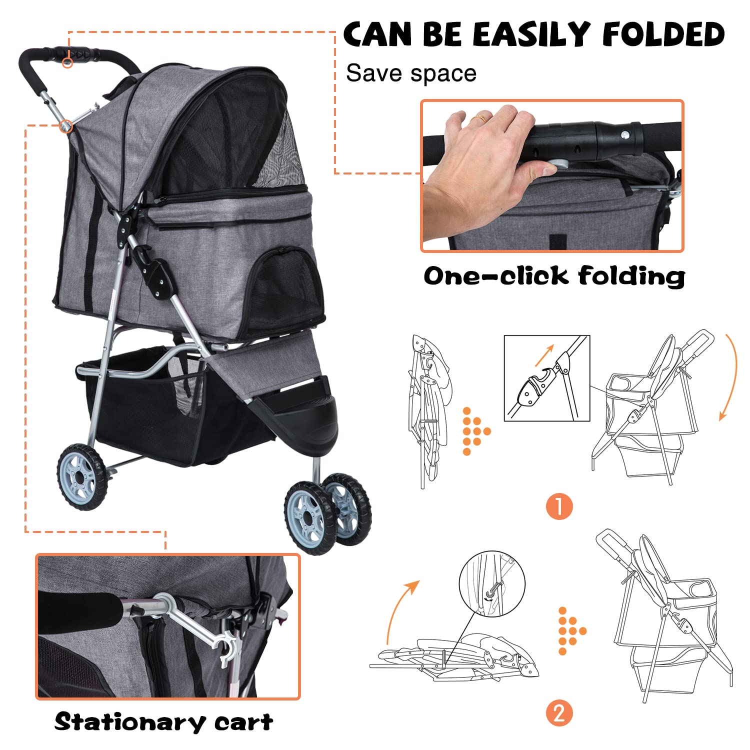 Lightweight Waterproof Folding Dog Stroller for Small & Medium Dogs & Cats - Travel Pet Stroller with Storage Basket, Grey | Perfect for Outdoor Walks, Vet Visits & Shopping Trips