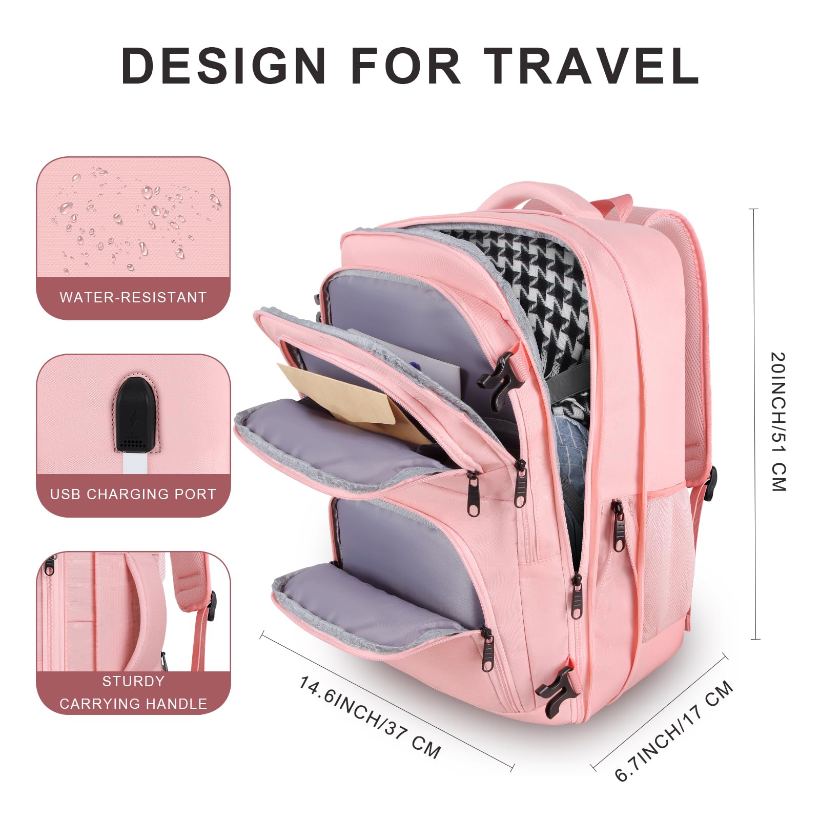 Women's 52L Expandable Travel Backpack - TSA Approved Carry On Luggage with USB Port | Large Flight Approved Business Backpack for Teachers, Commuters & Weekend Trips | Perfect for Air Travel, Work & Daily Use (Pink)