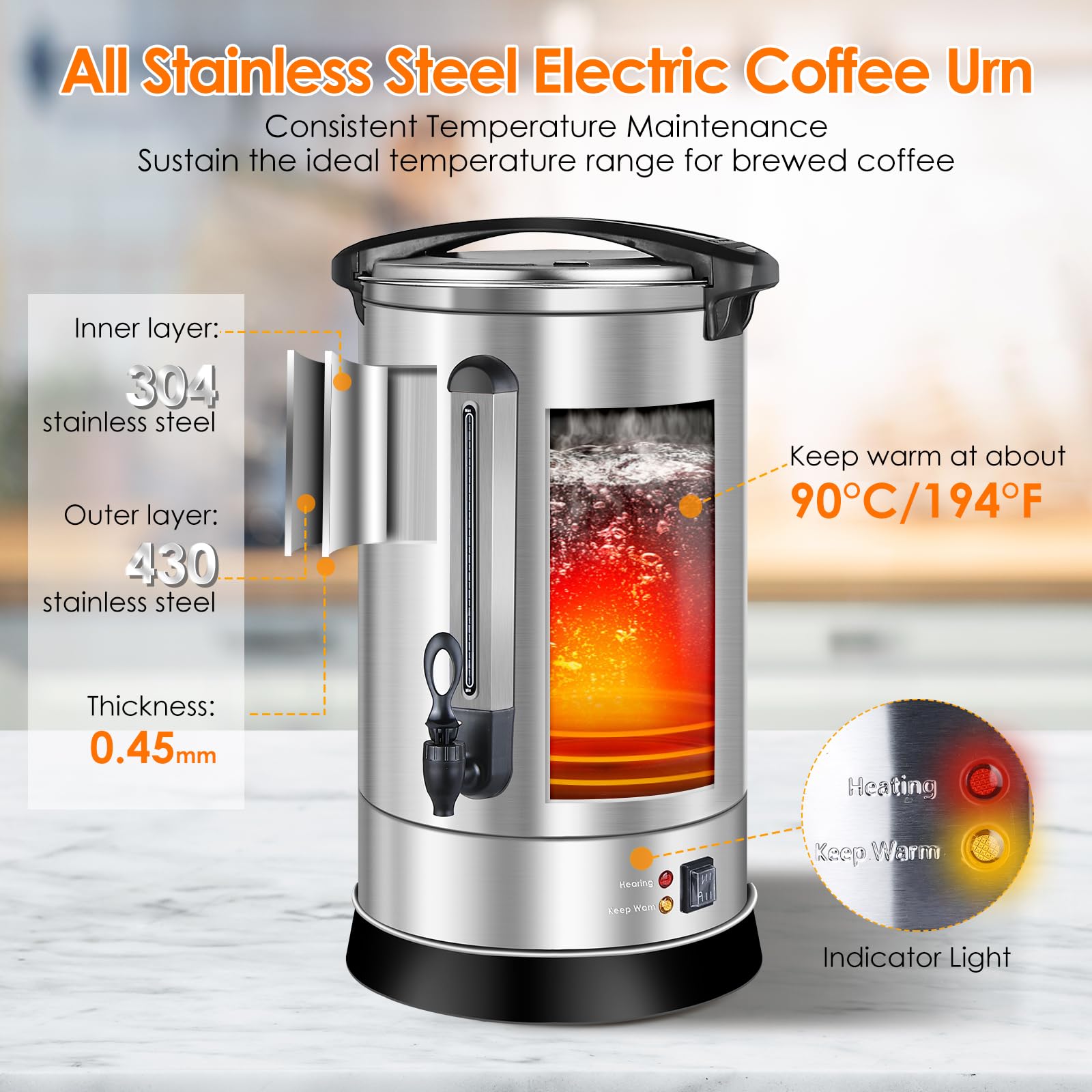 17L Commercial Coffee Urn - Stainless Steel Electric Coffee Dispenser with Internal Stage, Double Wall Insulation for Quick Brew (113 Cups) - Perfect for Offices, Catering, Events & Large Gatherings