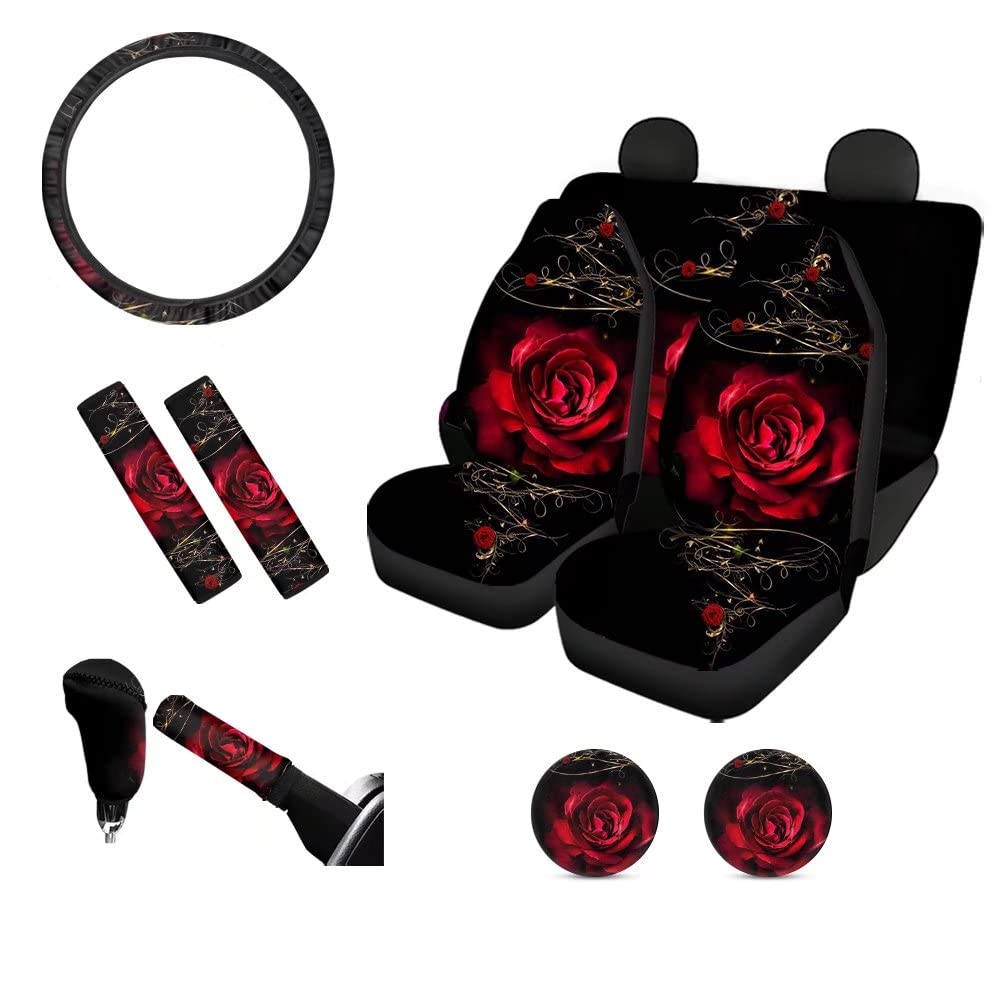 GIFTPUZZ Red Rose Print Car Seat Cover Set for Women - Includes Gear Shift Knob Cover, Handbrake Cover, Seat Belt Pads, Car Coaster & Steering Wheel Cover | Luxury Car Interior Accessories for Valentine's Day Gift, Anniversary Present & Romantic Car Decor