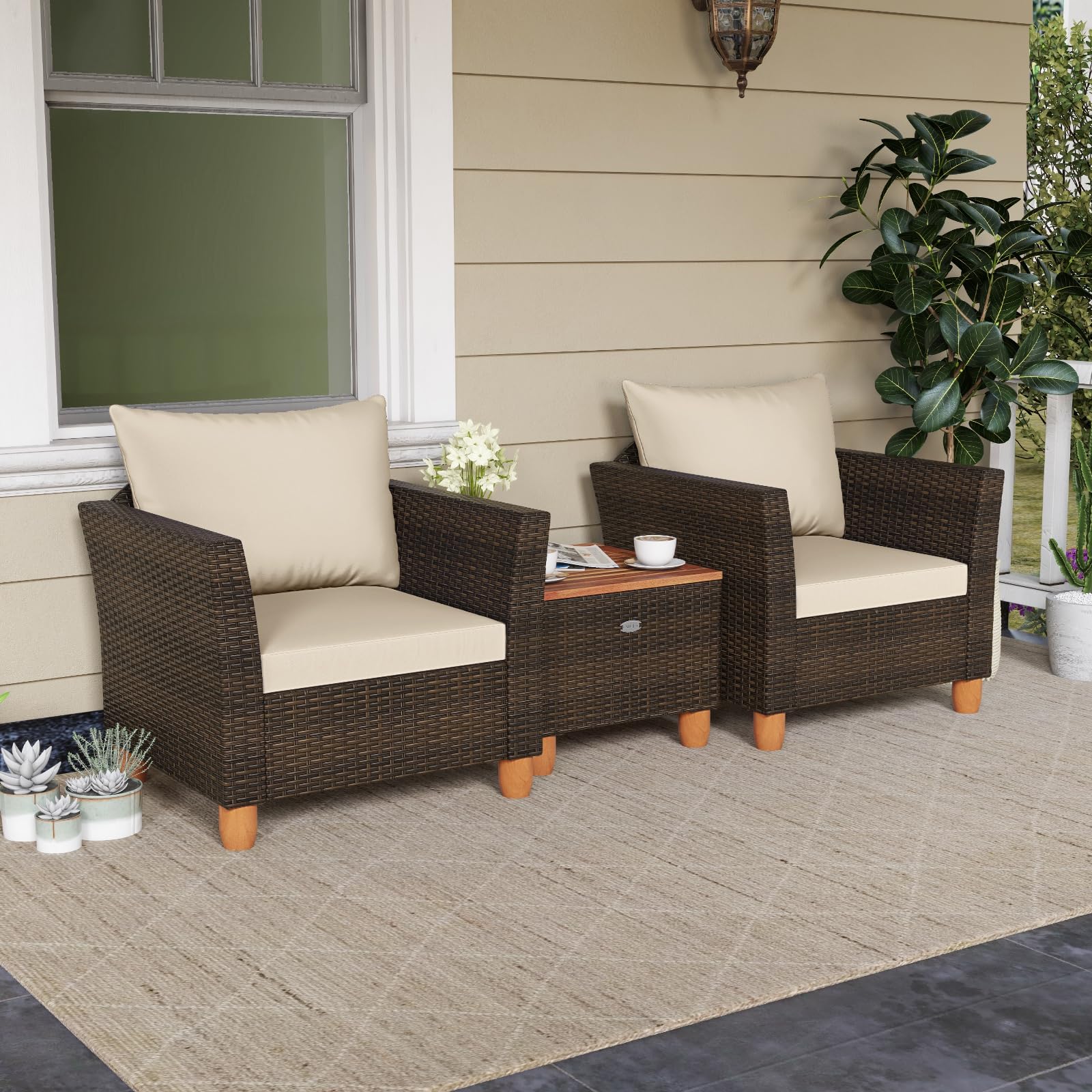 Tangkula 3-Piece Outdoor Patio Furniture Set - PE Wicker Bistro Set with Acacia Wood Frame & Soft Cushions - Perfect for Porch, Balcony, Garden & Backyard Relaxation (Beige)