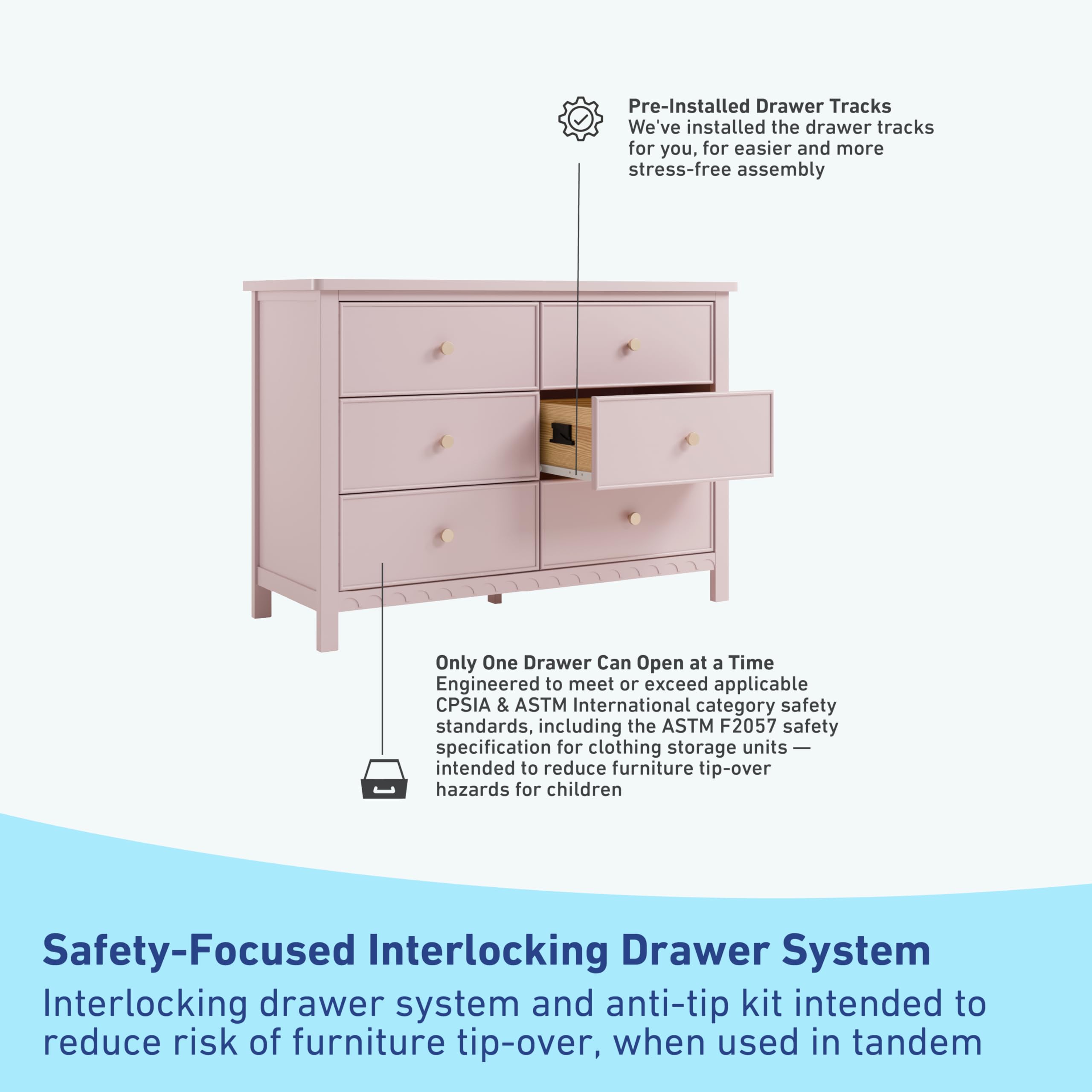 Graco Sasha 6-Drawer Dresser in Blush - GREENGUARD Gold Certified Nursery & Bedroom Dresser with Spacious Storage, Interlocking Drawer System, Easy Assembly - Perfect for Baby Room Organization & Home Storage Solutions