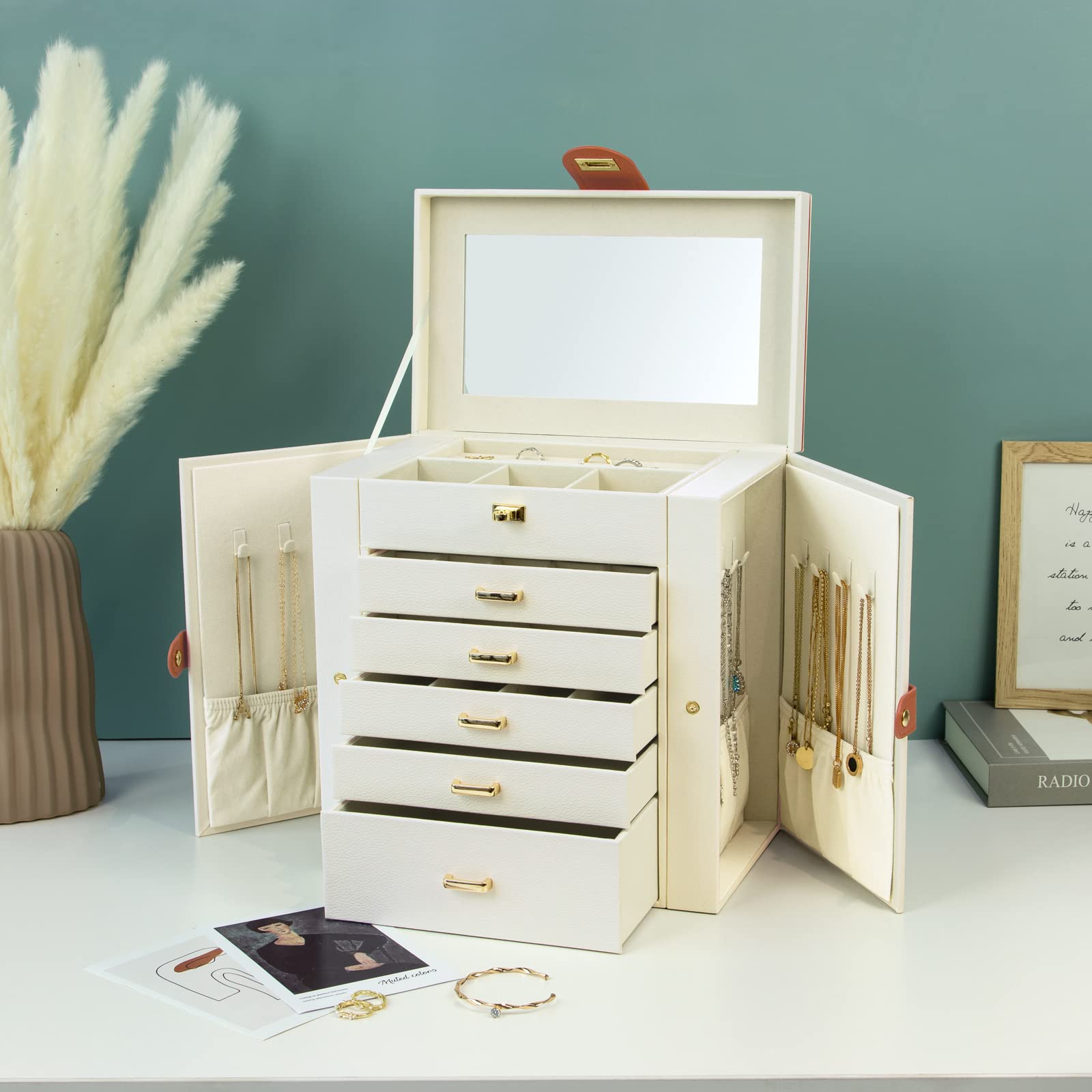 KAMIER 6-Layer Large Jewelry Box Organizer with Mirror & 5 Drawers - White Jewelry Storage for Women | Perfect for Rings, Earrings, Necklaces & Bracelets | Ideal for Bedroom Vanity, Travel & Gift Giving