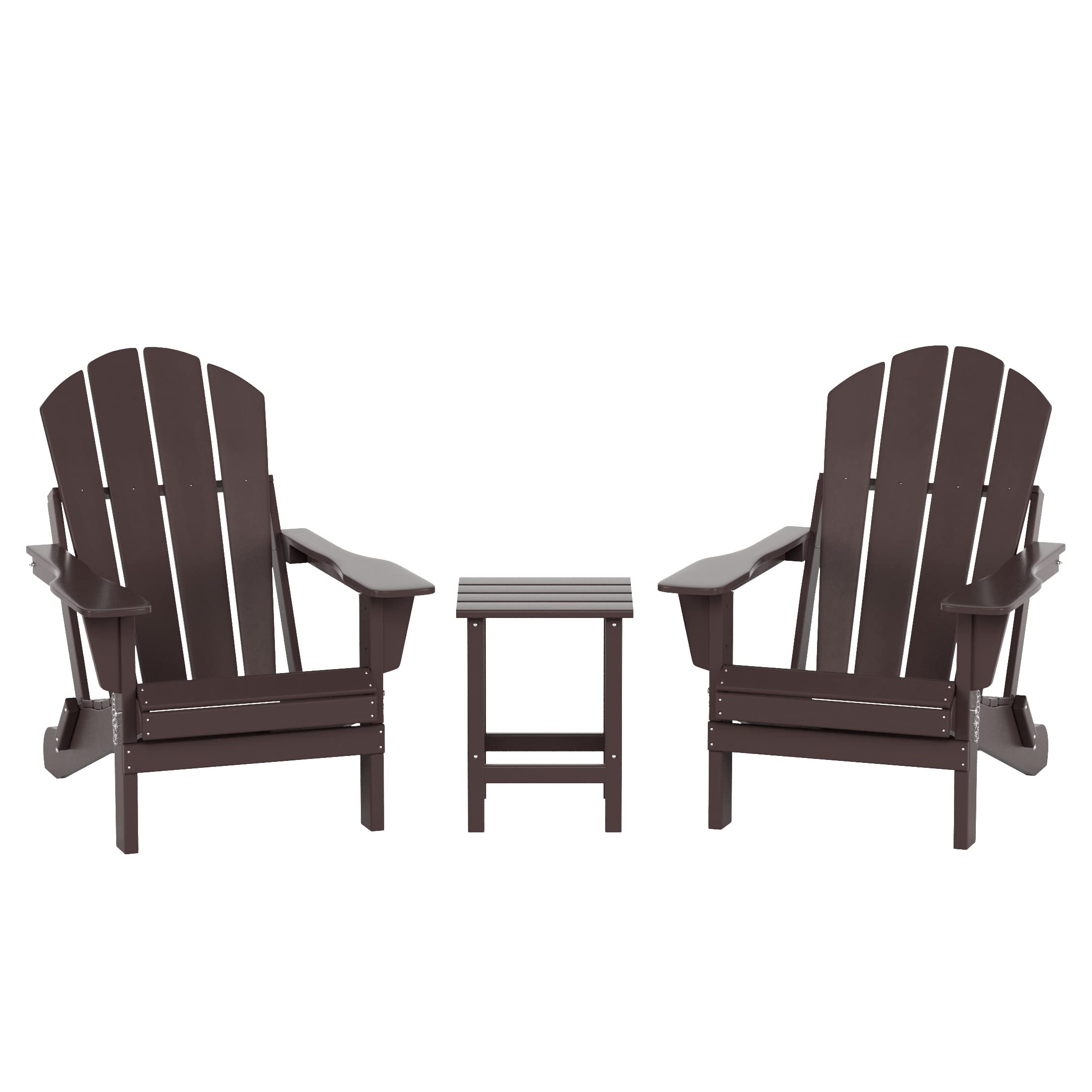 WO Home Furniture 3-Piece Outdoor Adirondack Chair Set with Side Table - Weatherproof & UV Resistant Folding Patio Furniture for Lawn, Garden, Fire Pit, Balcony, Deck (Dark Brown) - Perfect for Backyard Relaxation, Camping, and Outdoor Entertaining