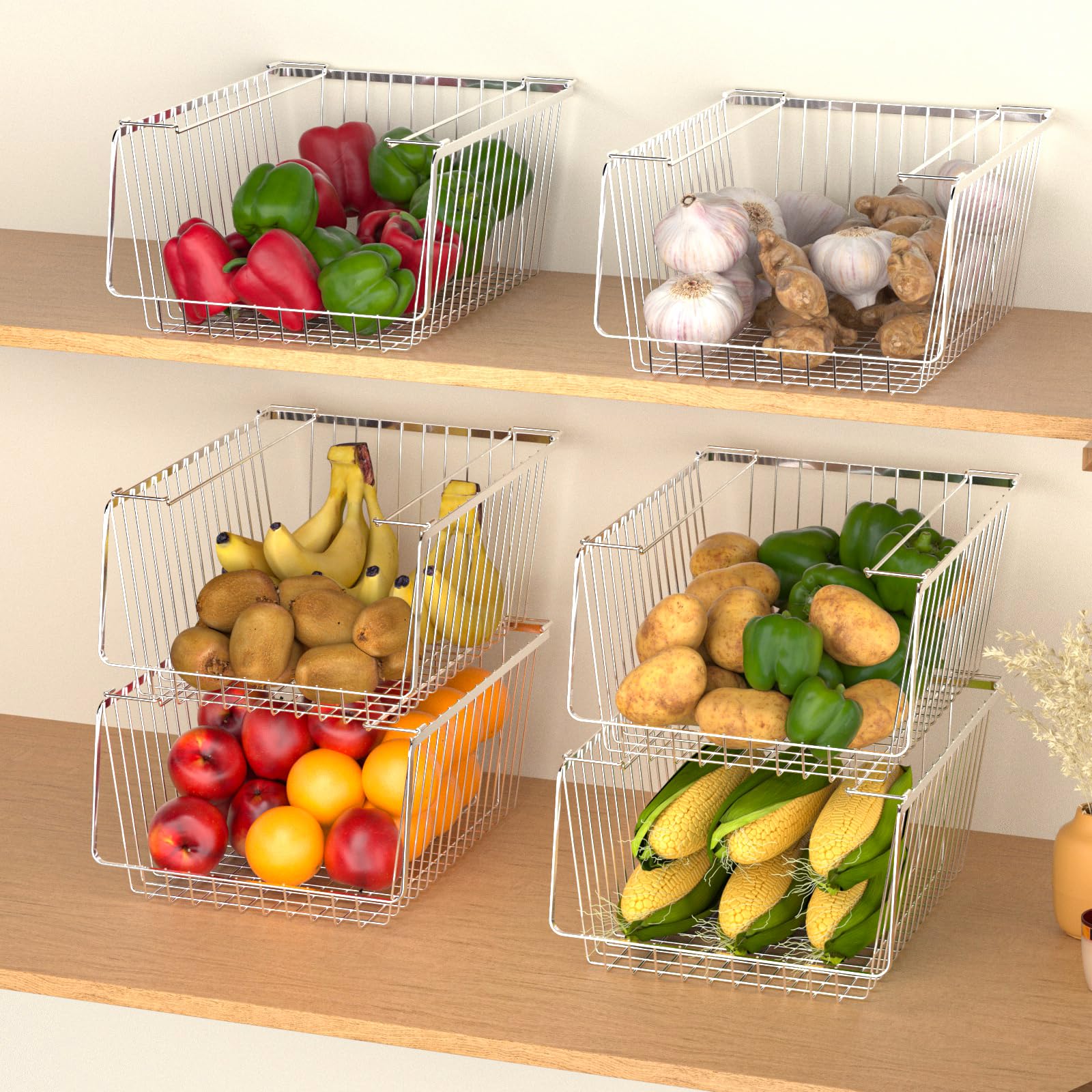Stackable Metal Wire Storage Baskets with Handles - 3-Pack Refrigerator & Cabinet Organizer Bins for Kitchen, Bathroom, Closet Organization | Durable Space-Saving Home Storage Solution