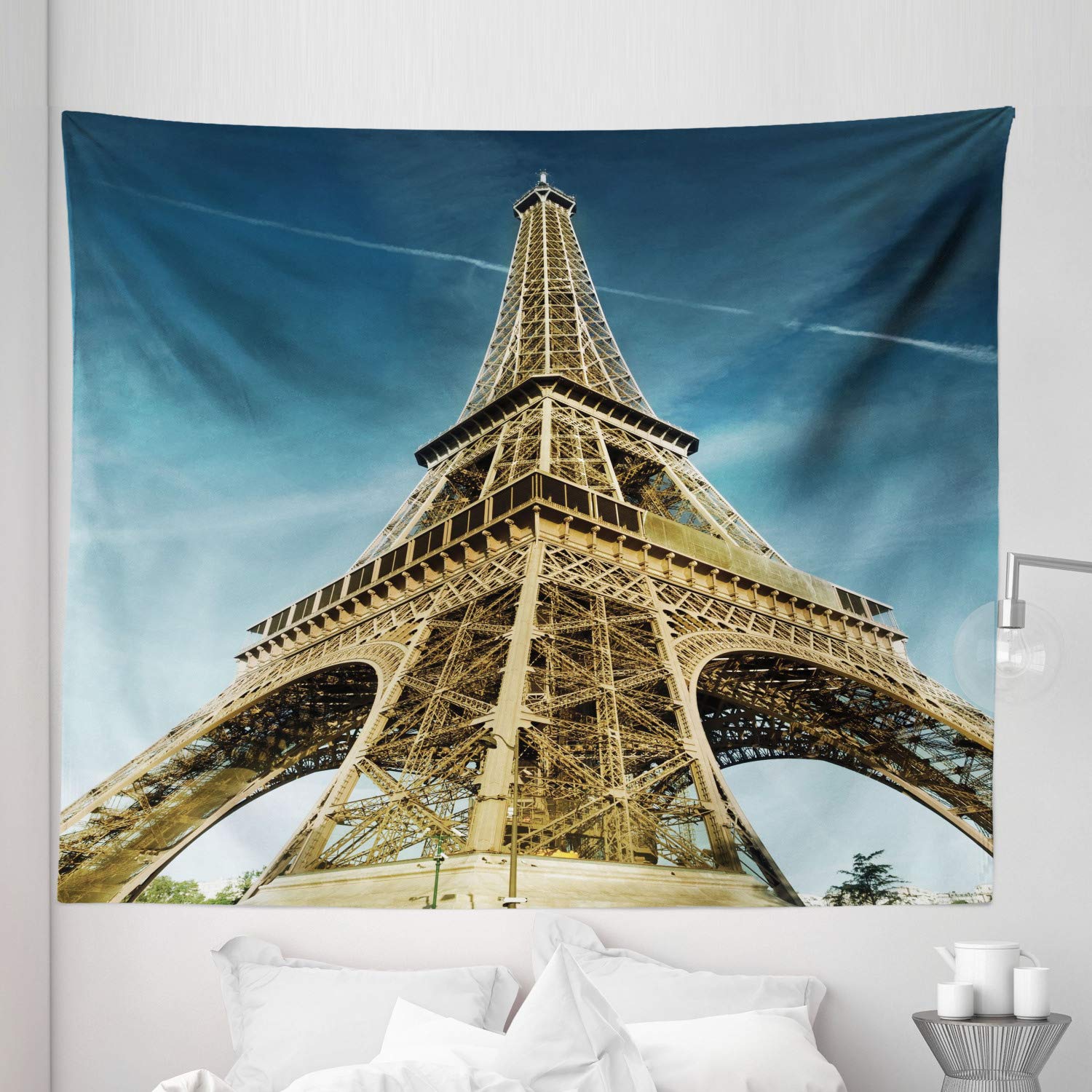 Ambesonne Eiffel Tower Tapestry King Size - Paris France Travel Landmark Wall Hanging Decor | 104x88 Inch Pale Coffee Blue Bedspread | Perfect for Bedroom, Dorm, Living Room Wall Art & Home Decor