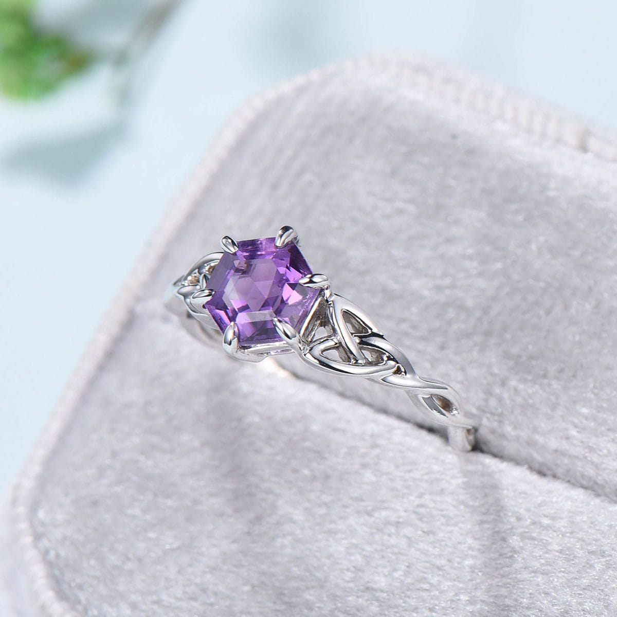 Celtic Love Knot Amethyst Engagement Ring - Art Deco Style Unique Twisted Wedding Band for Women - Delicate Purple Gemstone in 14K White Gold - Promise Ring Gift for Anniversary, Valentine's Day & Special Occasions