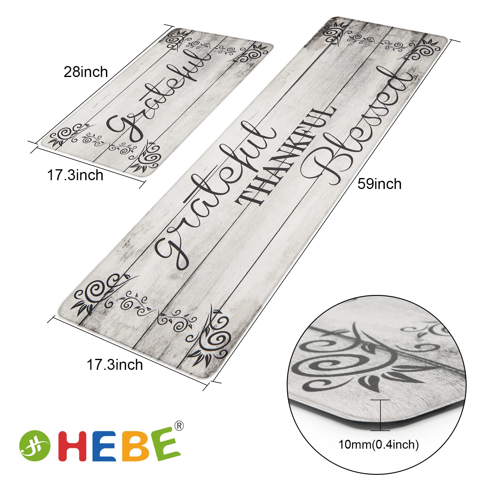 HEBE Anti-Fatigue Kitchen Mat Set of 2 - Non-Slip Cushioned Floor Mats for Standing, Waterproof Farmhouse Style - Perfect for Kitchen Sink, Office Desk & Laundry Room (Comfortable Standing Solution for Home & Work)