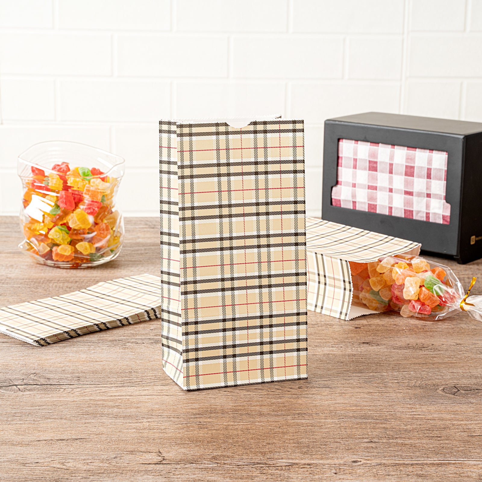 Premium Plaid Paper Bags 2 lb Capacity - 4.25 x 2.25 x 8.5 Inches - Pack of 100 | Eco-Friendly Gift Bags for Parties, Weddings & Retail Packaging