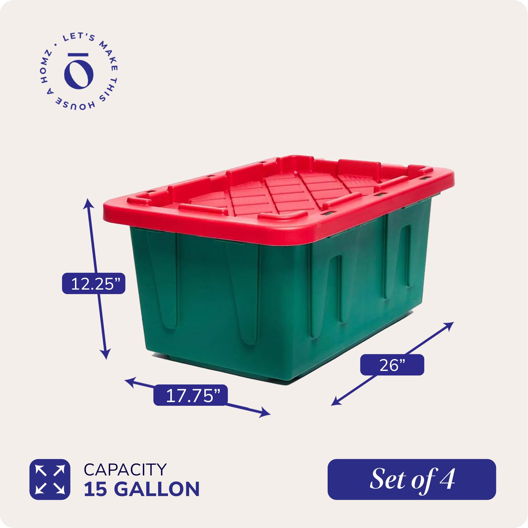 HOMZ 4-Pack 15 Gallon Heavy Duty Plastic Storage Bins with Lids - Durable Stackable Containers for Home Organization (Green/Red) - Perfect for Garage, Closet, and Office Storage Solutions