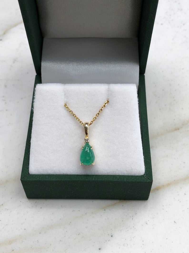 0.83tcw Cabochon Emerald Pear & Diamond Accent Pendant in 14K Gold - Elegant Jewelry Gift for Women, Perfect for Weddings, Anniversaries & Special Occasions