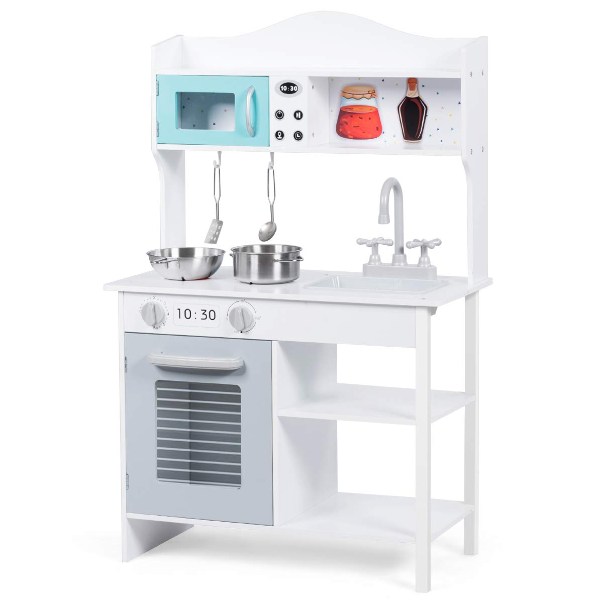 Costzon Wooden Play Kitchen Set for Kids - Pretend Play Cooking Toy with Sink, Oven, Microwave & Stove - Includes Pots, Utensils, Shelf & Cabinets - Great Gift for Toddlers Boys & Girls (Modern Style) - Perfect for Home Playroom, Preschool Learning & Birthday Gifts