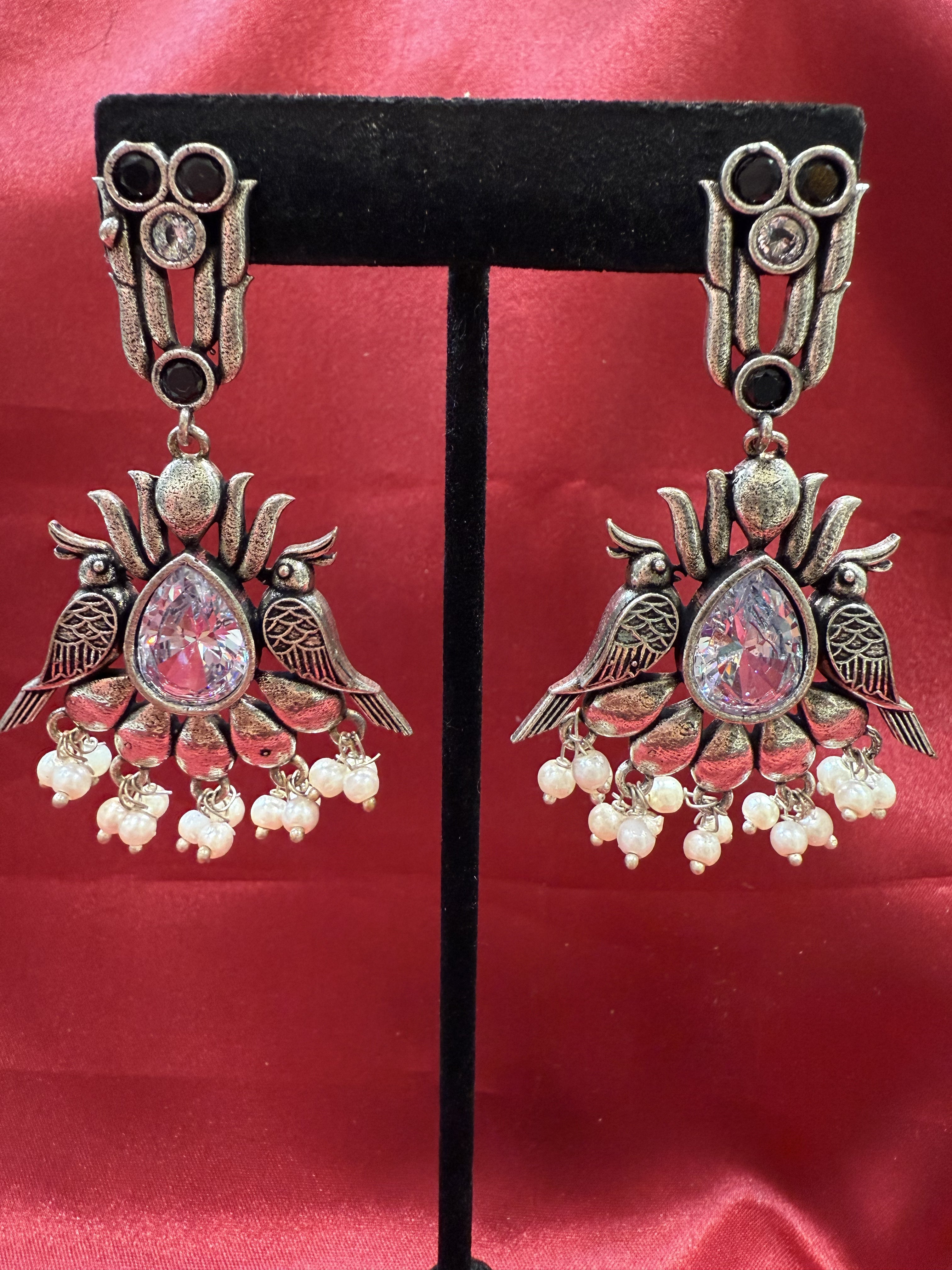 Elegant Silver & Black Stone Bird Design Beaded Earrings for Women | Handmade Oxidized Jewelry | Perfect for Parties, Weddings & Gifts