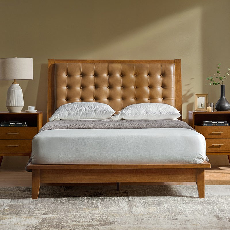 Genuine Leather & Solid Wood Platform Bed with USB Charging Ports - Modern King/Queen Size Bed Frame for Bedroom, Guest Room, or Dorm